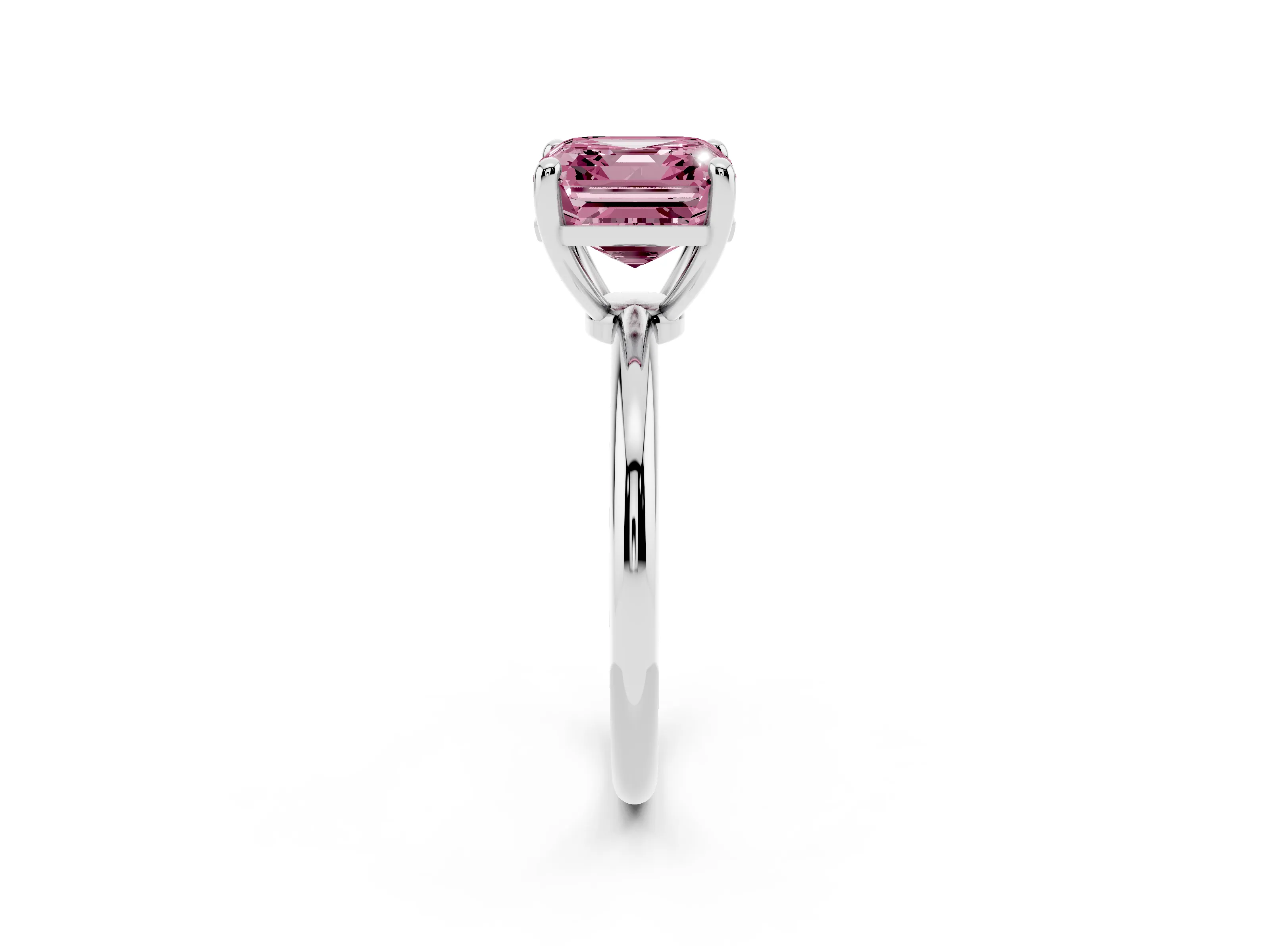 Fancy Pink Asscher Cut Diamond Solitaire Ring Set in Platinum with Secure Prong Setting on a Classic Band