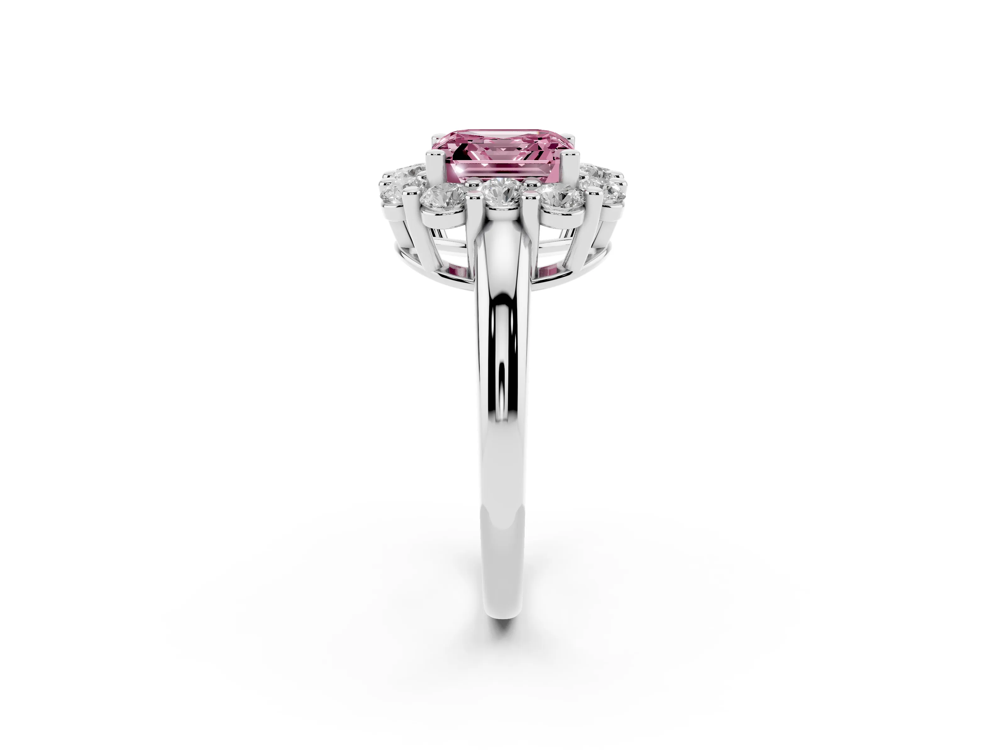 Fancy Pink Asscher Cut Diamond Halo Cluster Engagement Ring Set in White gold with Polished Band and Prong Setting