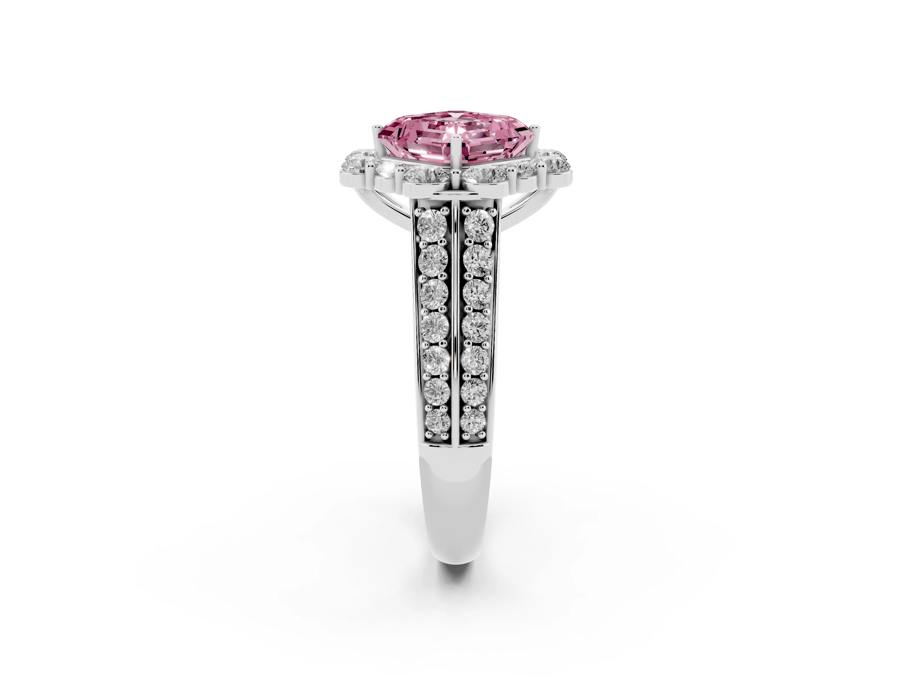 Fancy Pink Asscher Cut Diamond Halo Engagement Ring Set in White gold with Split Shank and Prong Setting