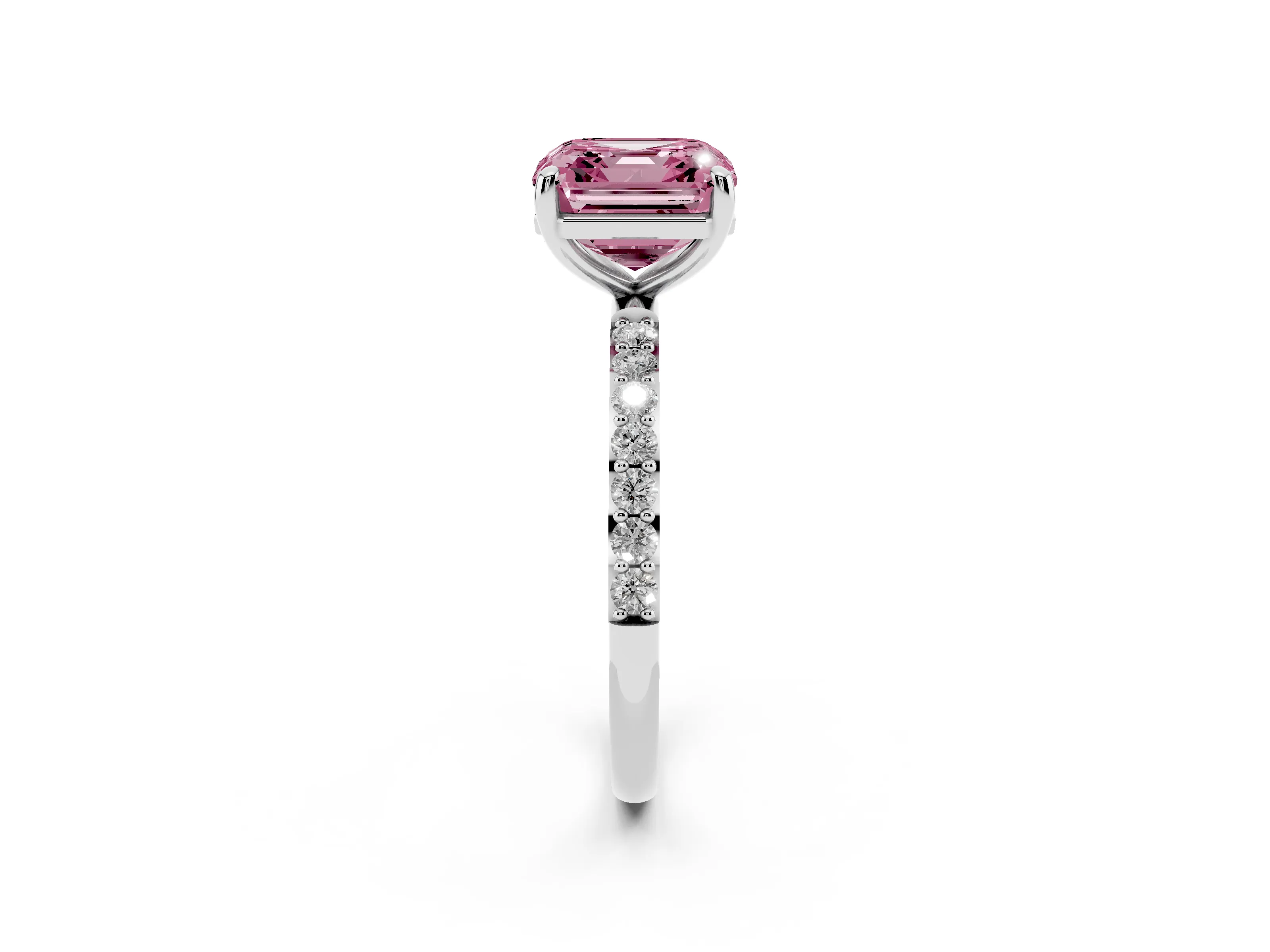 Fancy Pink Asscher Cut Diamond Solitaire Ring Set in Silver with Round Pavé Band and Prong Setting