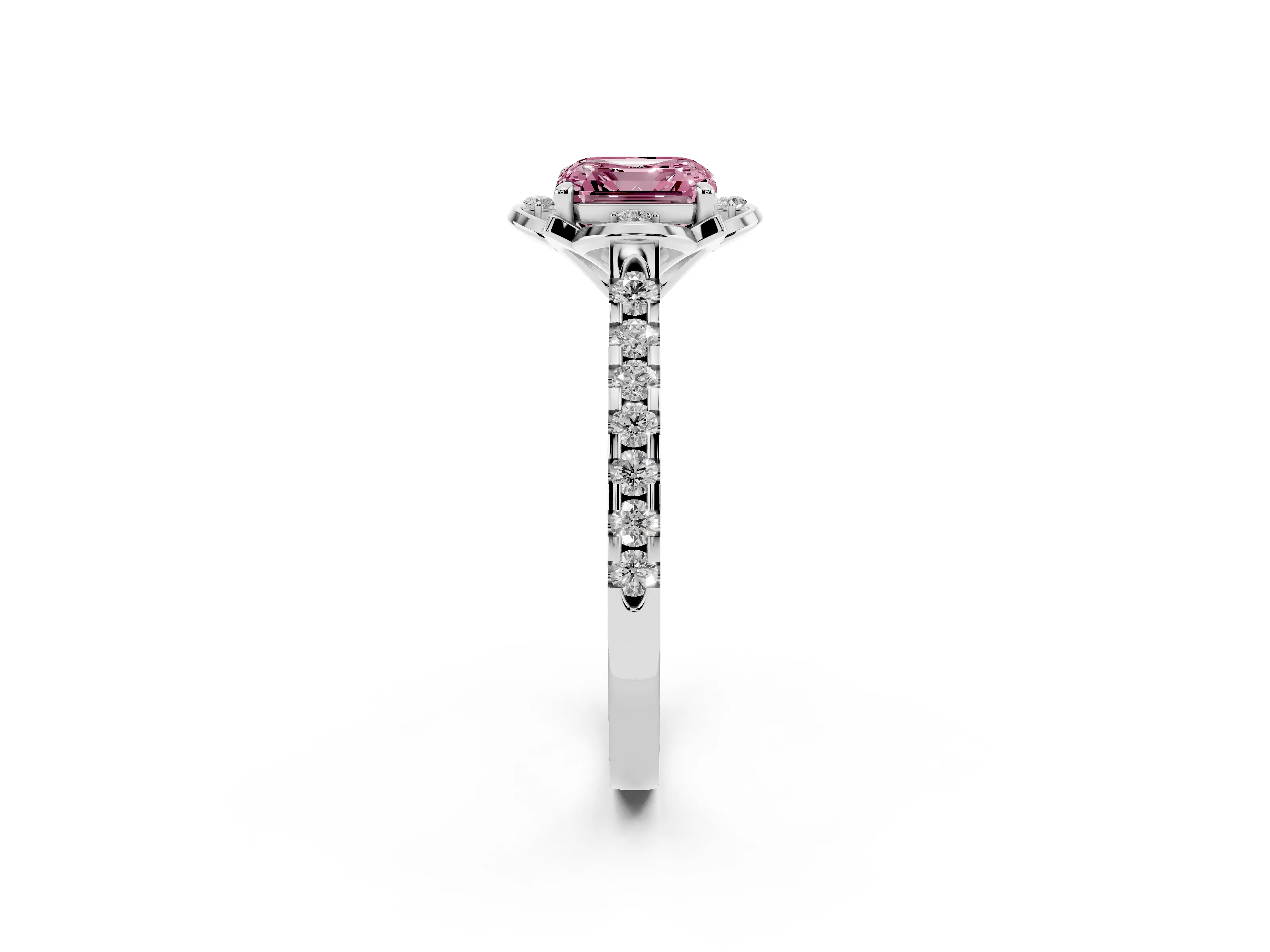 Fancy Pink Asscher Cut Diamond Solitaire Ring Set in Silver with Pavé Band and Floral Prong Setting