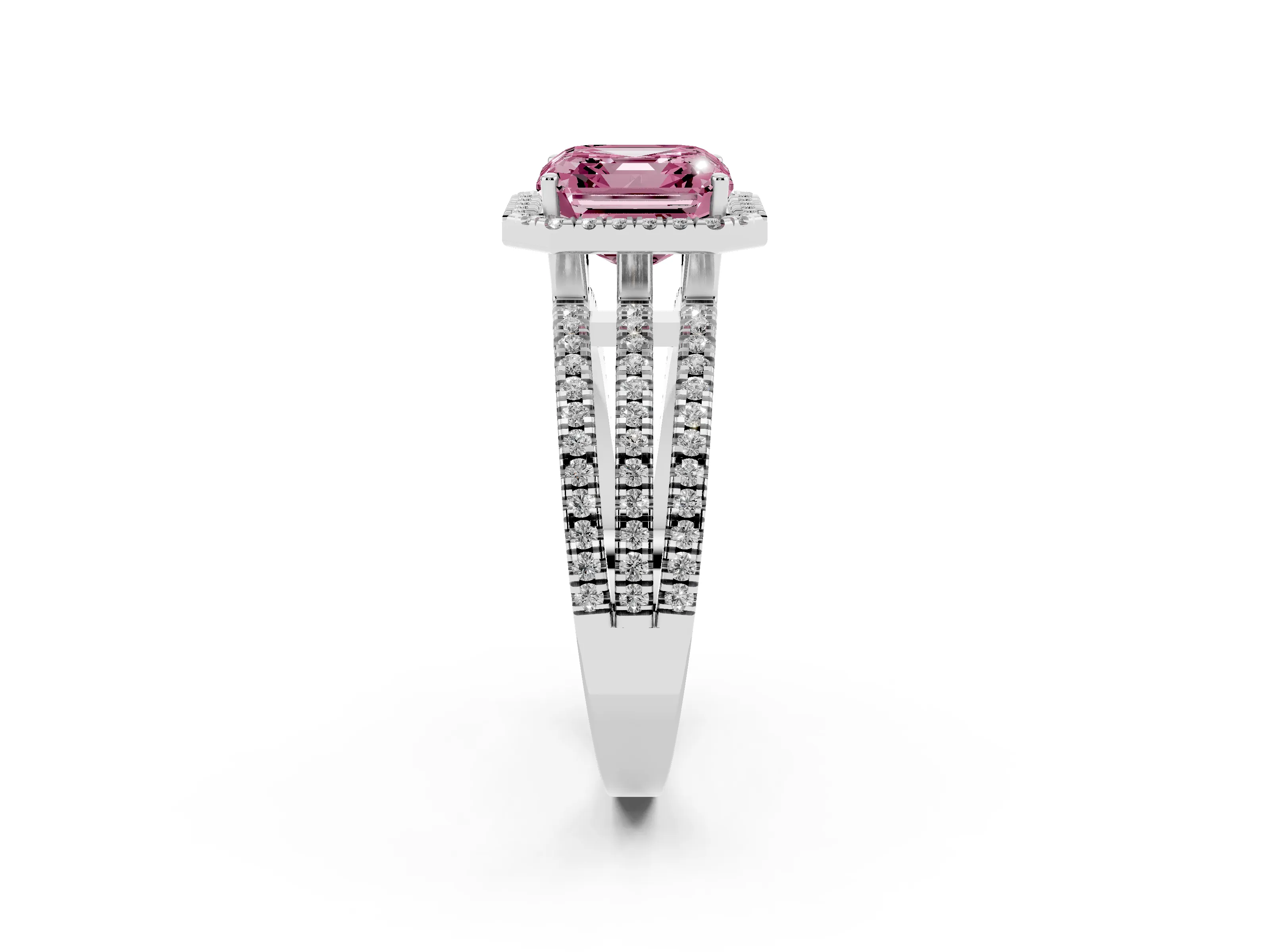 Fancy Pink Asscher Cut Diamond Halo Split Shank Engagement Ring Set in White gold with Prong Setting