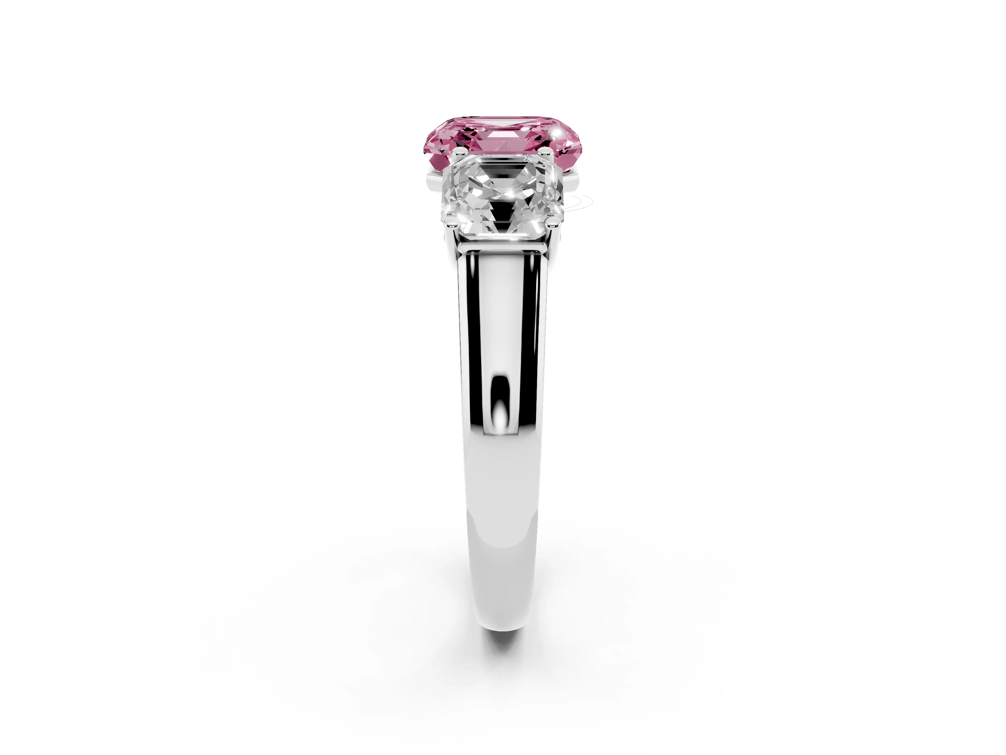 Fancy Pink Asscher Cut Diamond Three-Stone Ring Set in White gold with Plain Polished Band