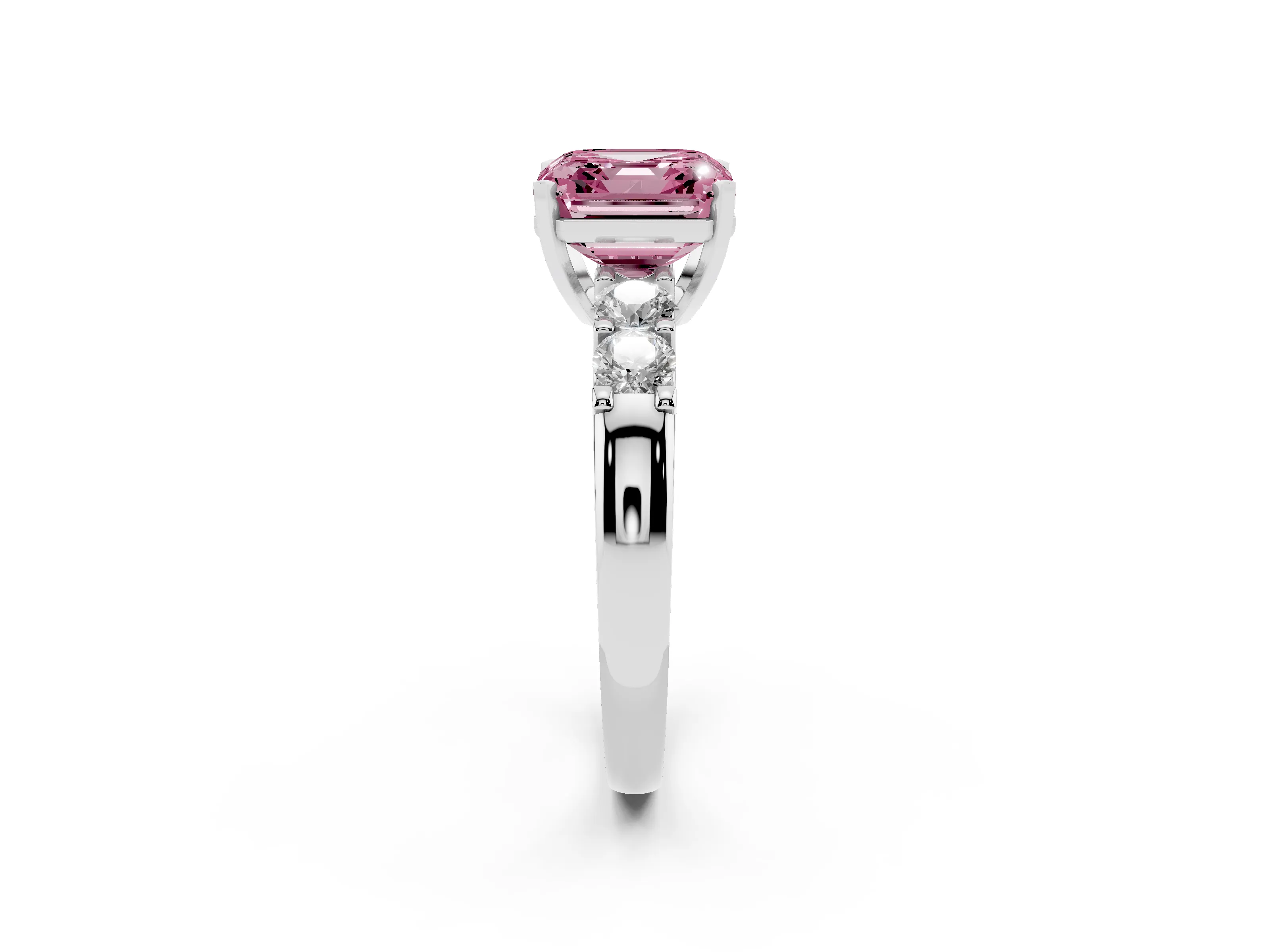Fancy Pink Asscher Cut Diamond Five-Stone Prong Set Engagement Ring Set in White gold with Channel Band