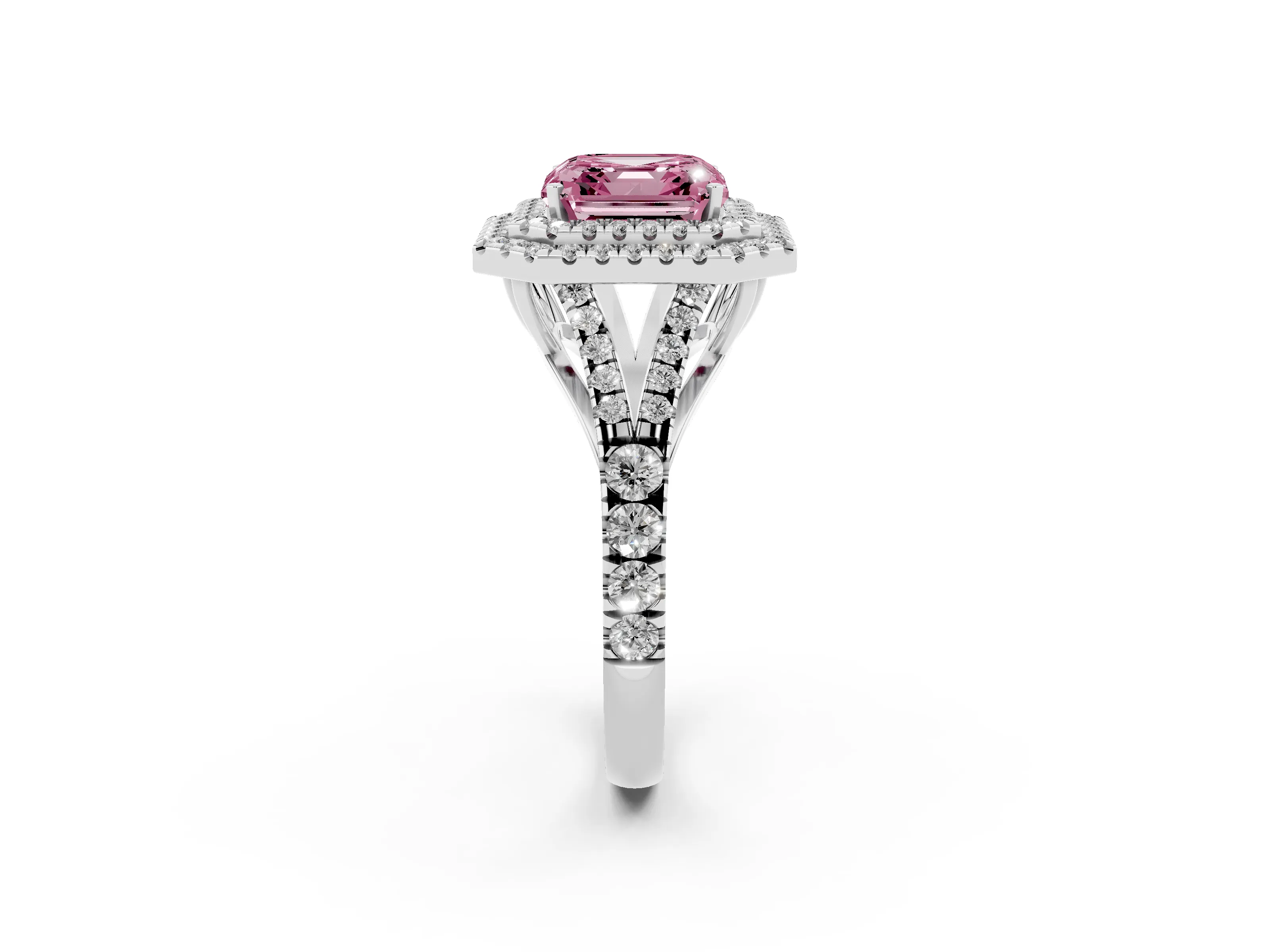 Fancy Pink Asscher Cut Diamond Pavé Split Shank Double Halo Engagement Ring Set in Silver
