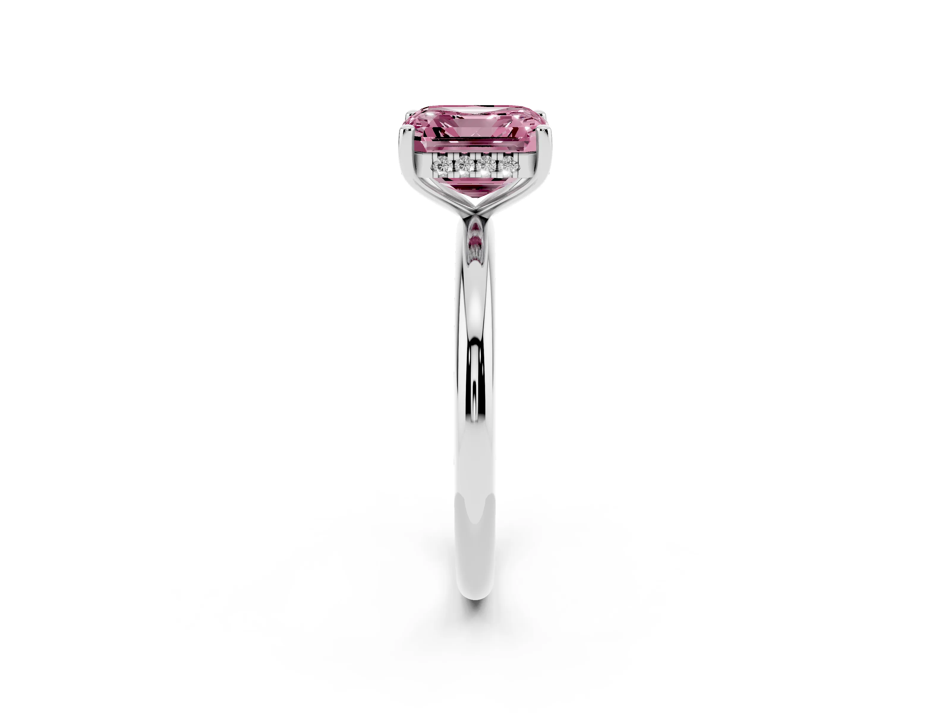 Fancy Pink Asscher Cut Diamond Solitaire Engagement Ring Set in White gold with Prong Setting and Polished Band