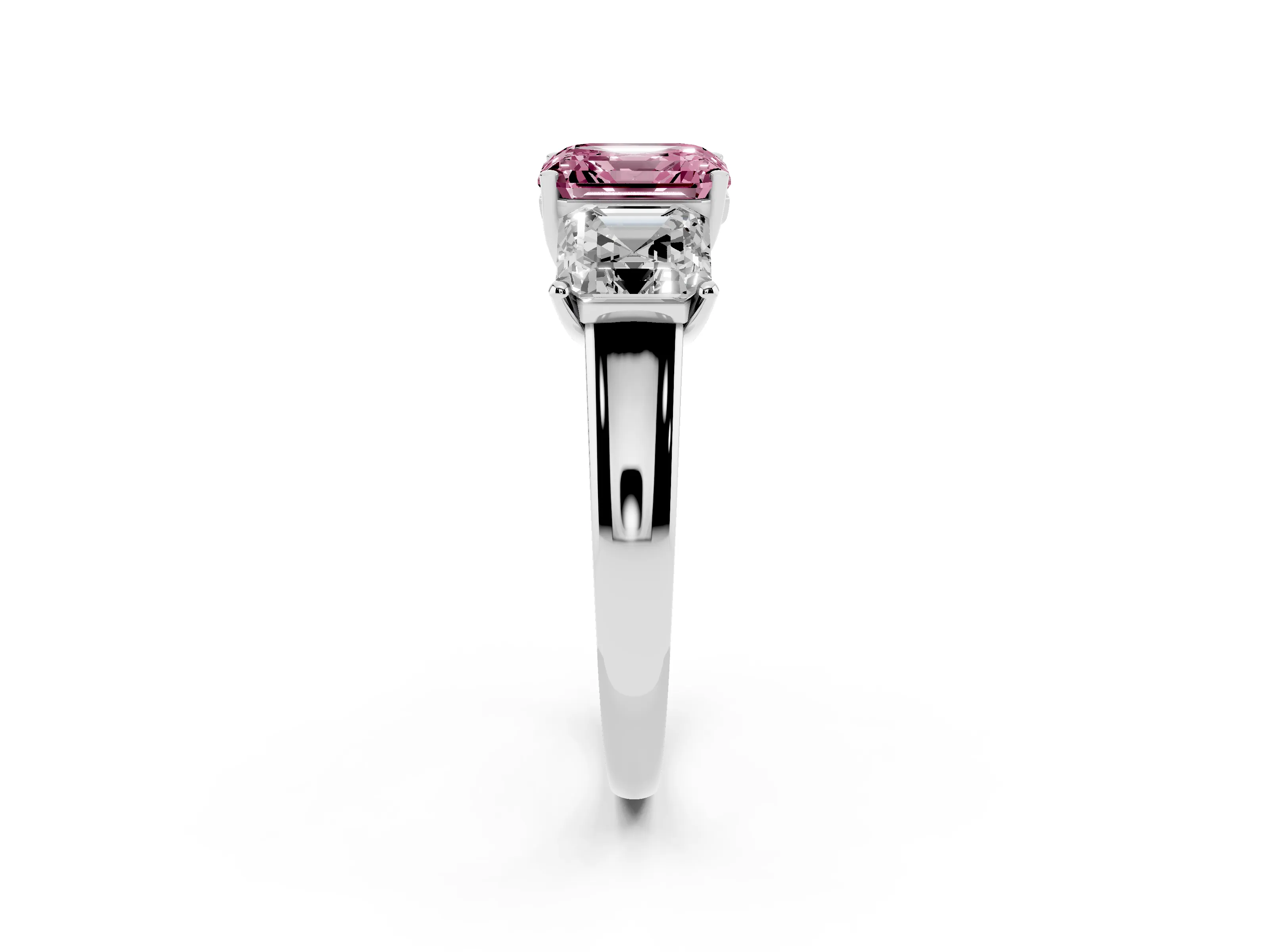 Fancy Pink Asscher Cut Diamond Three-Stone Ring Set in Platinum with Classic Prong Setting and Plain Band