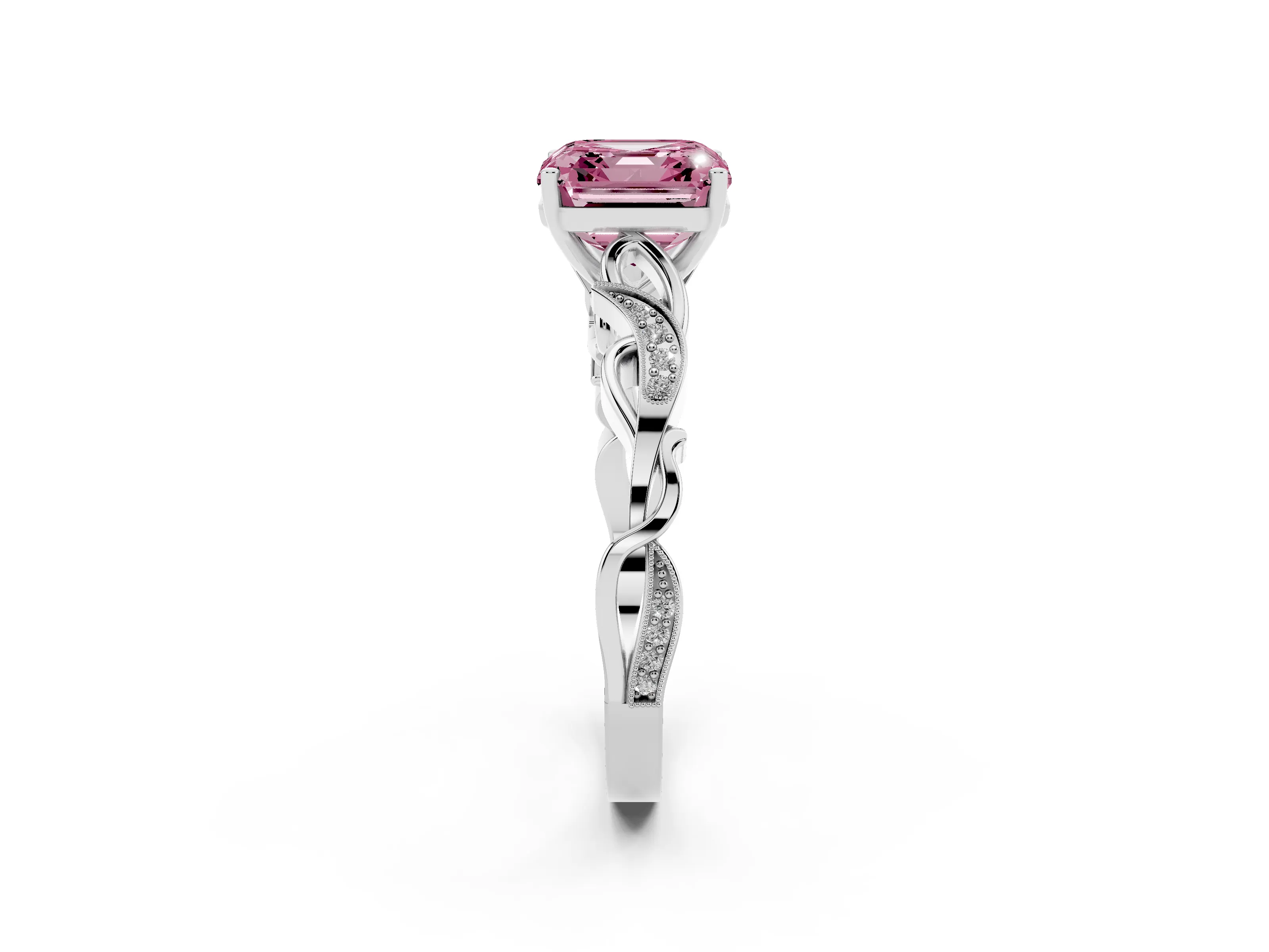 Fancy Pink Asscher Cut Diamond Vine Band Solitaire Ring Set in White gold with Milgrain Prong Setting