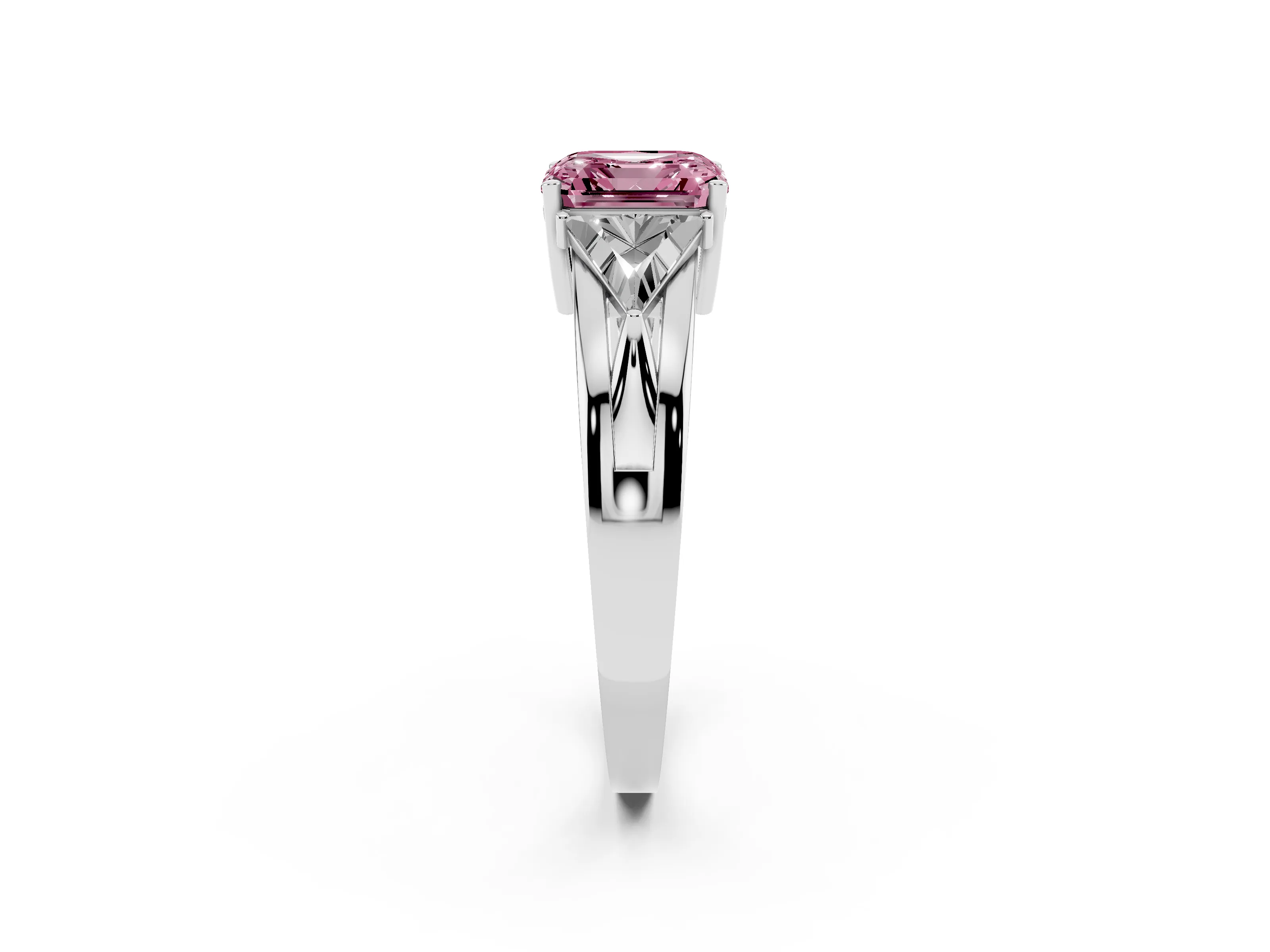 Fancy Pink Asscher Cut Diamond Three-Stone Ring Set in White gold with Trillion Side Stones and Split Shank