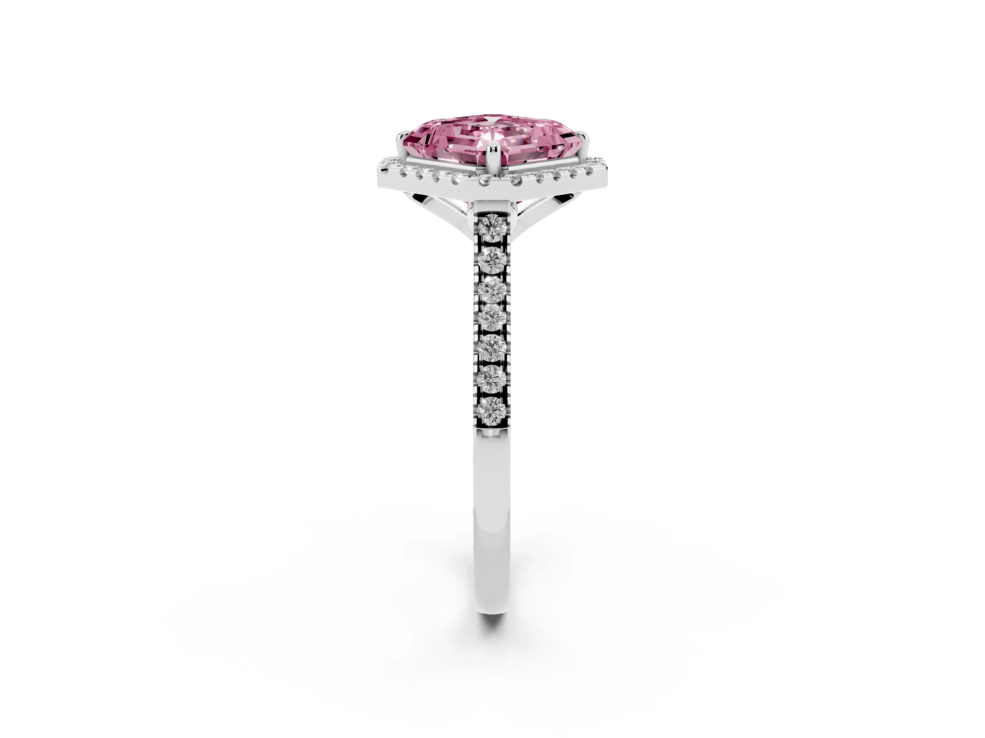 Fancy Pink Asscher Cut Diamond Cushion Halo Ring Set in White gold with Pavé Band