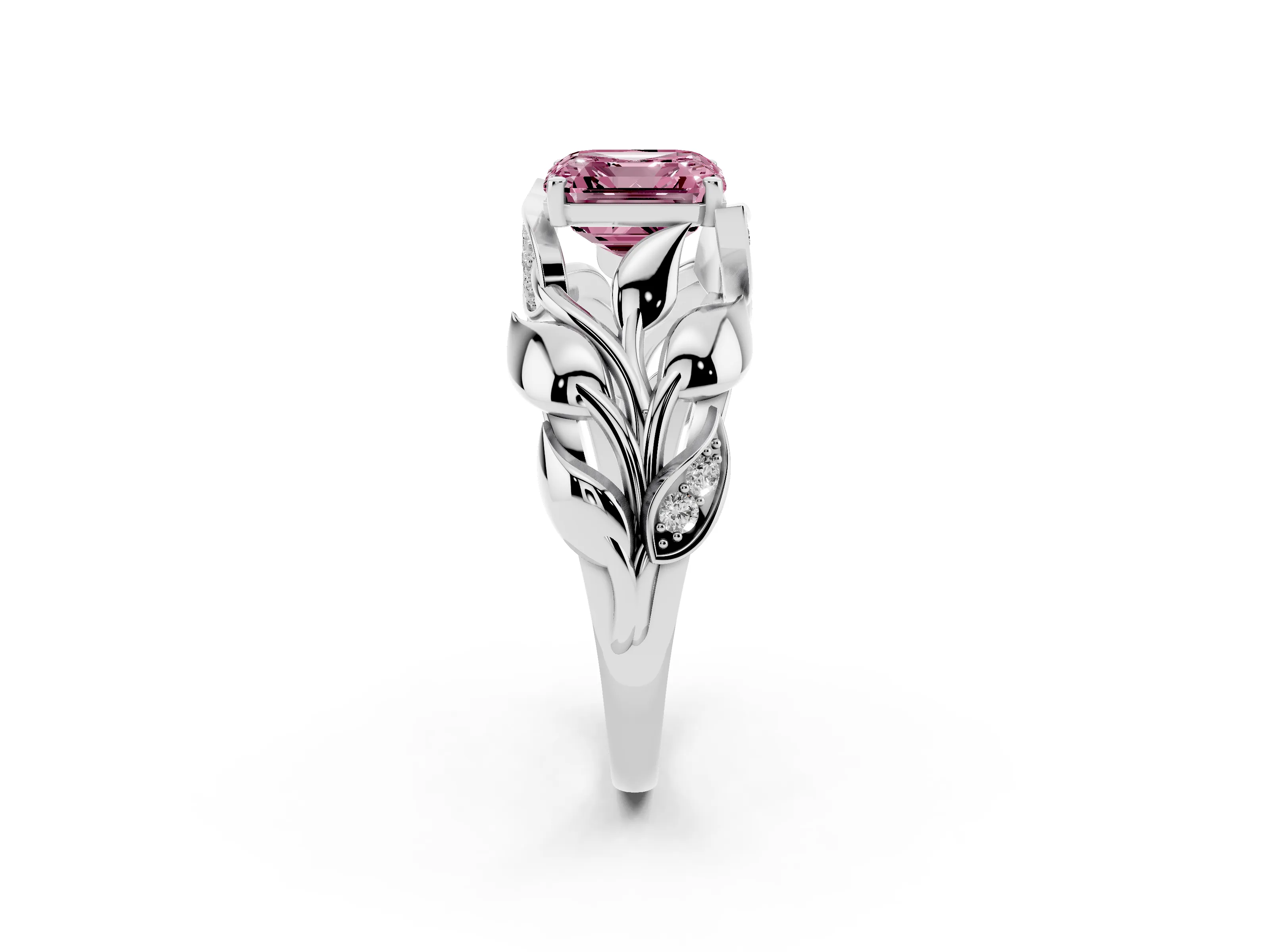 Fancy Pink Asscher Cut Diamond Leaf-Inspired Engagement Ring Set in Silver with Round Accents
