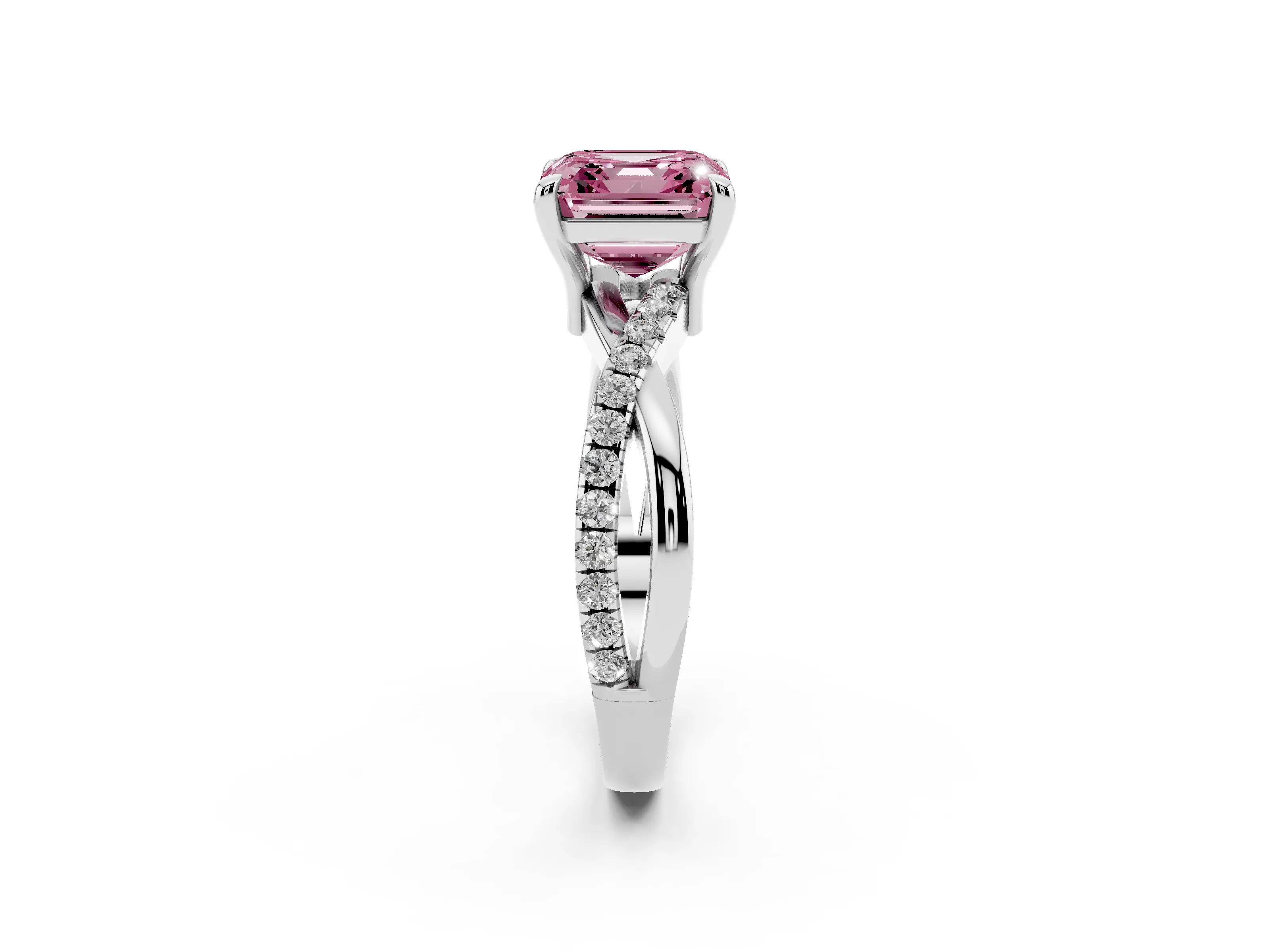 Fancy Pink Asscher Cut Diamond Twist Band Pavé Solitaire Ring Set in Platinum with Prong Setting