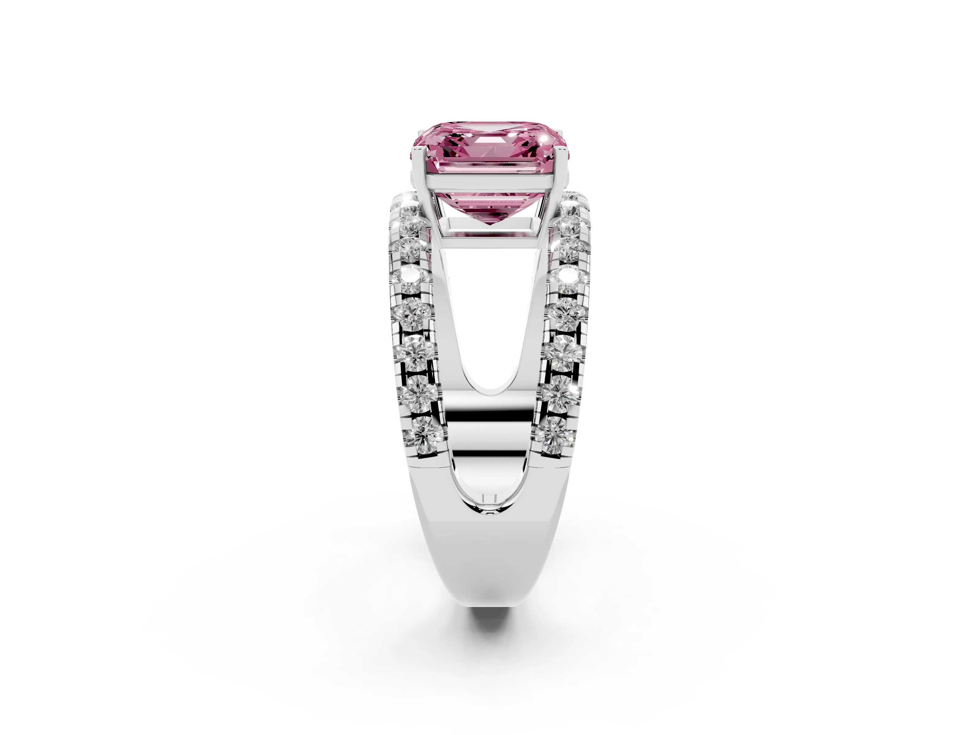 Fancy Pink Asscher Cut Diamond Split Shank Pavé Solitaire Ring Set in Platinum with Open Shank Design