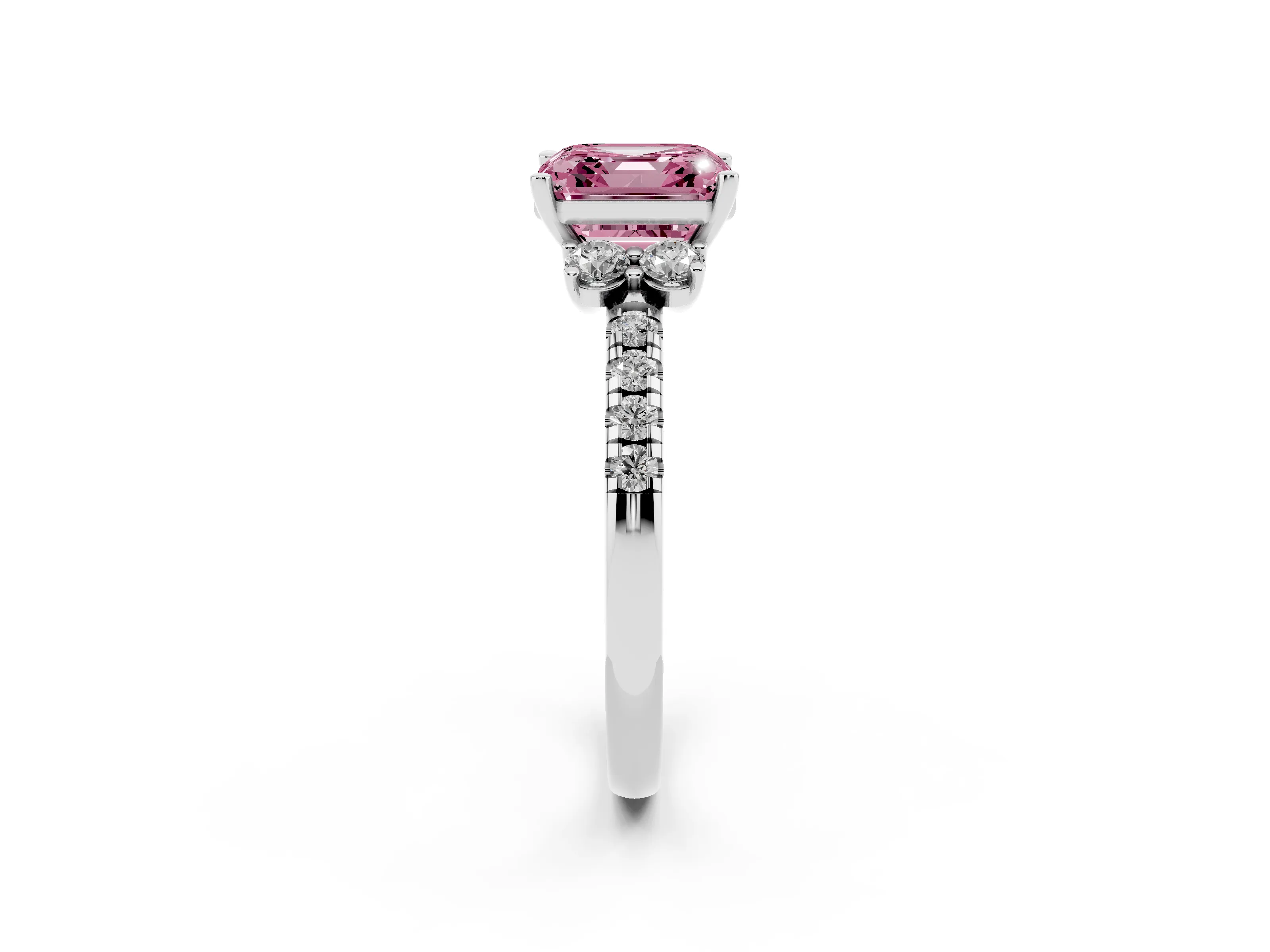 Fancy Pink Asscher Cut Diamond Three-Stone Pavé Ring Set in White gold with Prong Setting