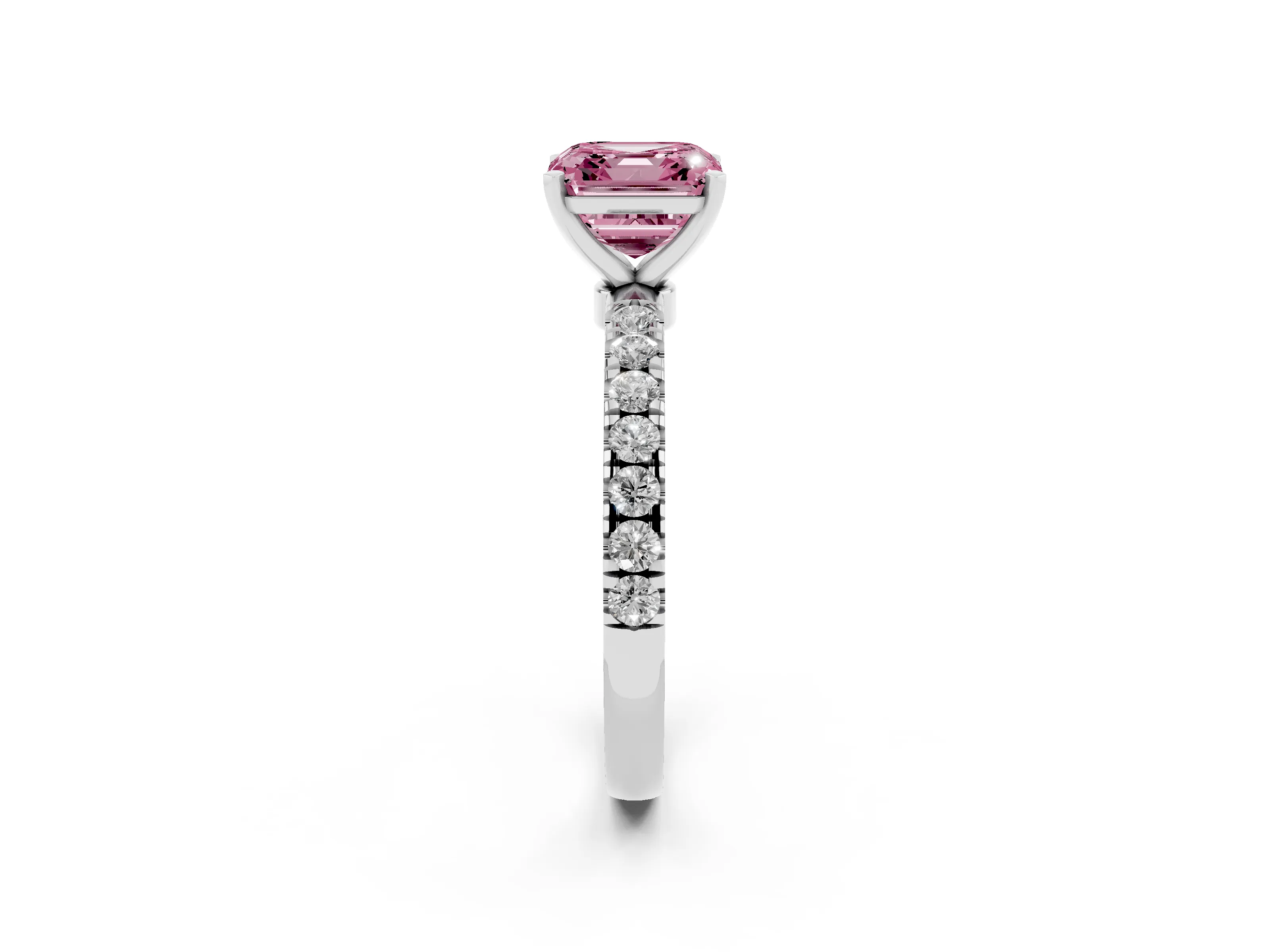 Fancy Pink Asscher Cut Diamond Solitaire Ring Set in Silver with Pavé Accents and Prong Setting