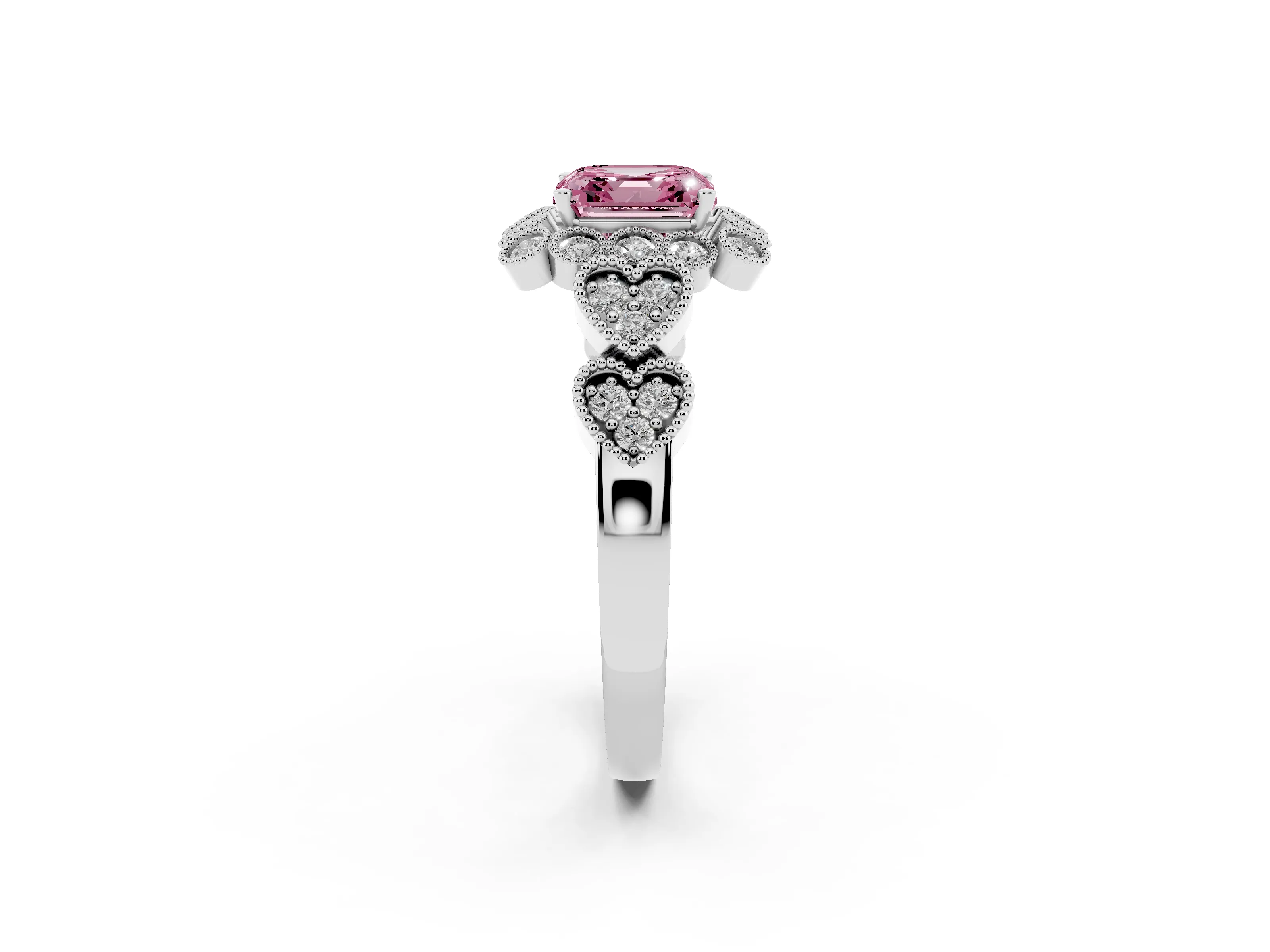 Fancy Pink Asscher Cut Diamond Solitaire Ring Set in Platinum with Milgrain Pavé Heart Band