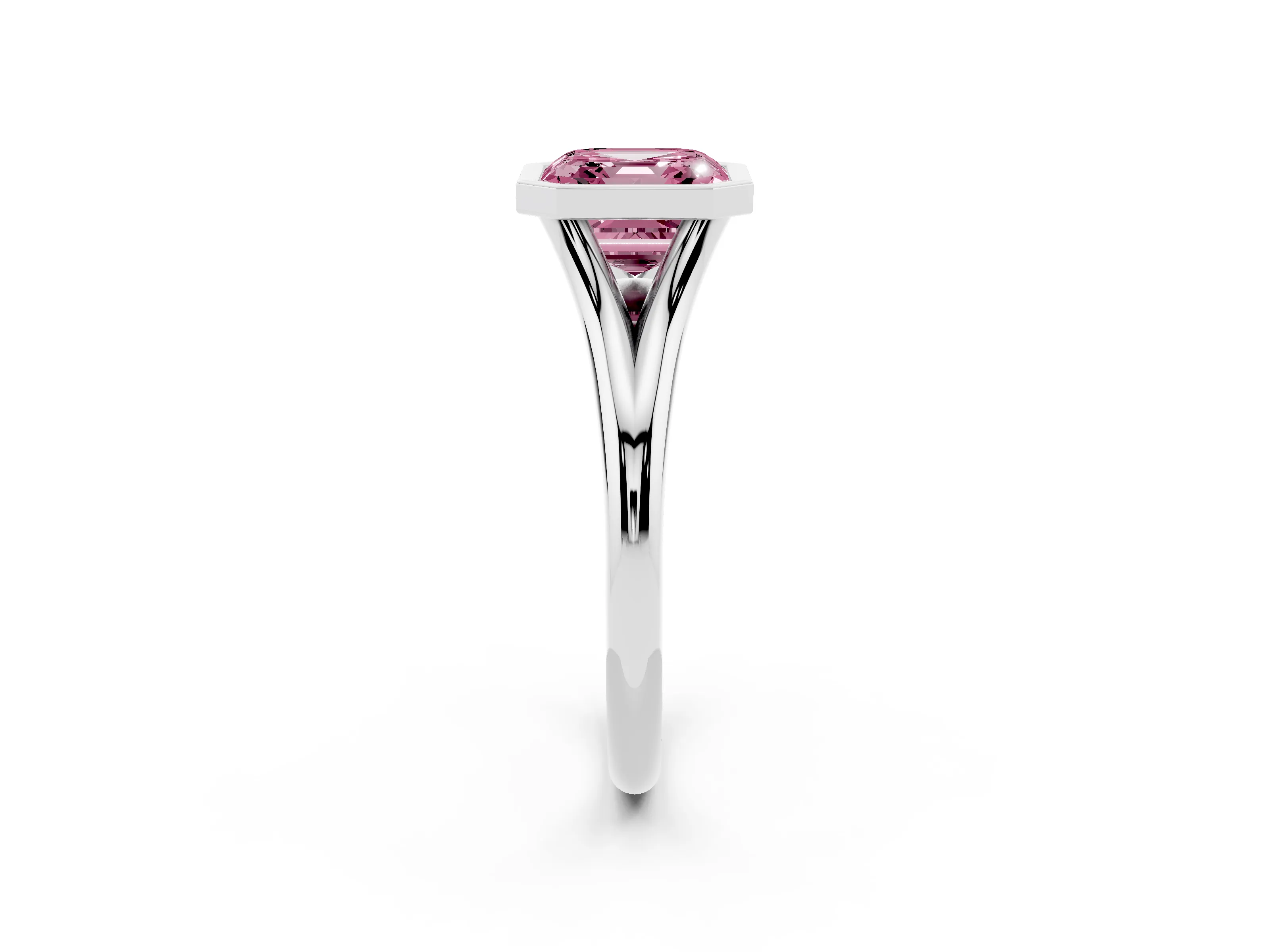 Fancy Pink Bezel Set Asscher Cut Diamond Solitaire Ring Set in Platinum with Tapered Band