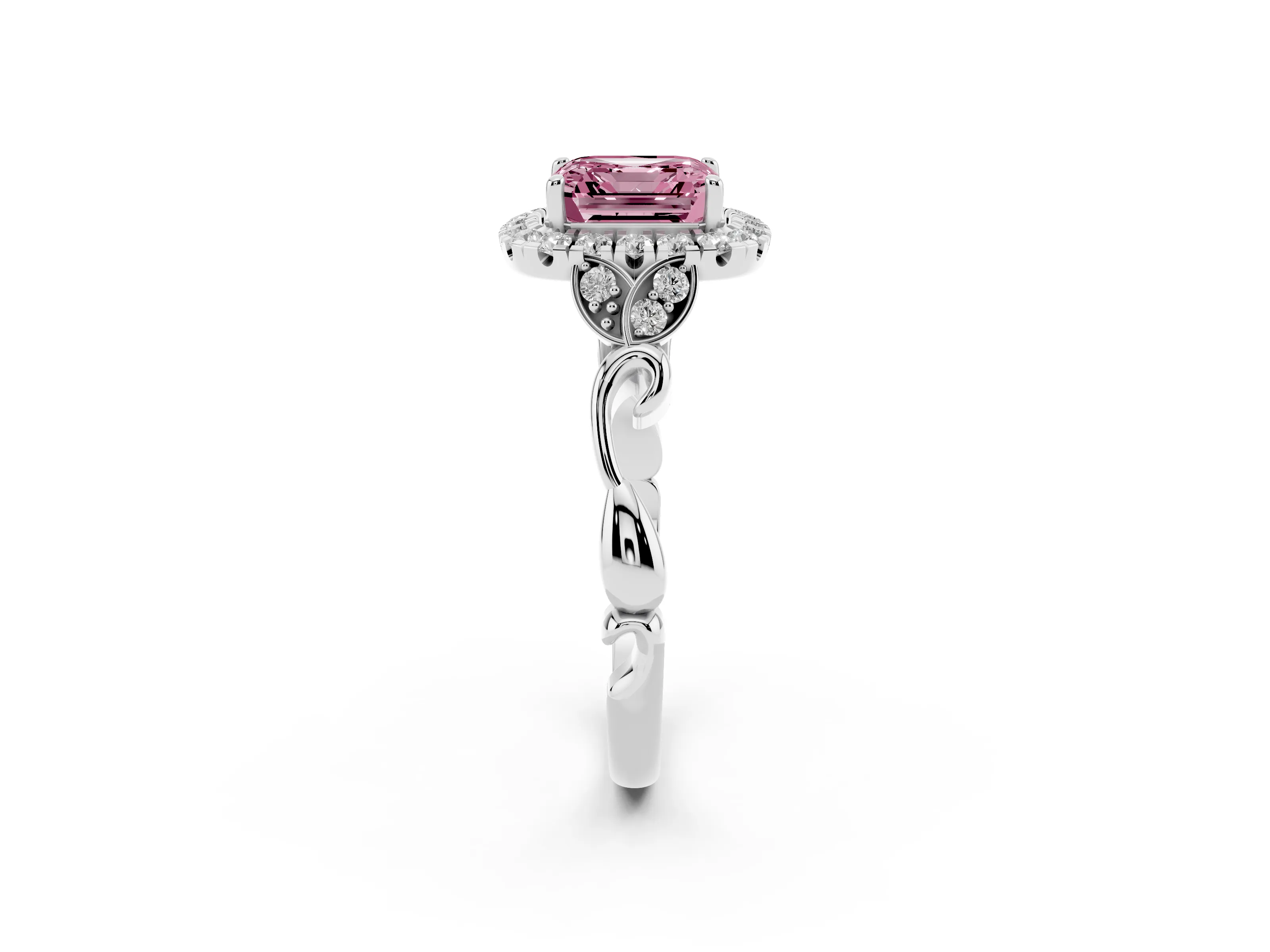 Fancy Pink Asscher Cut Diamond Halo Engagement Ring Set in Platinum with Vintage-Inspired Band and Prong Setting