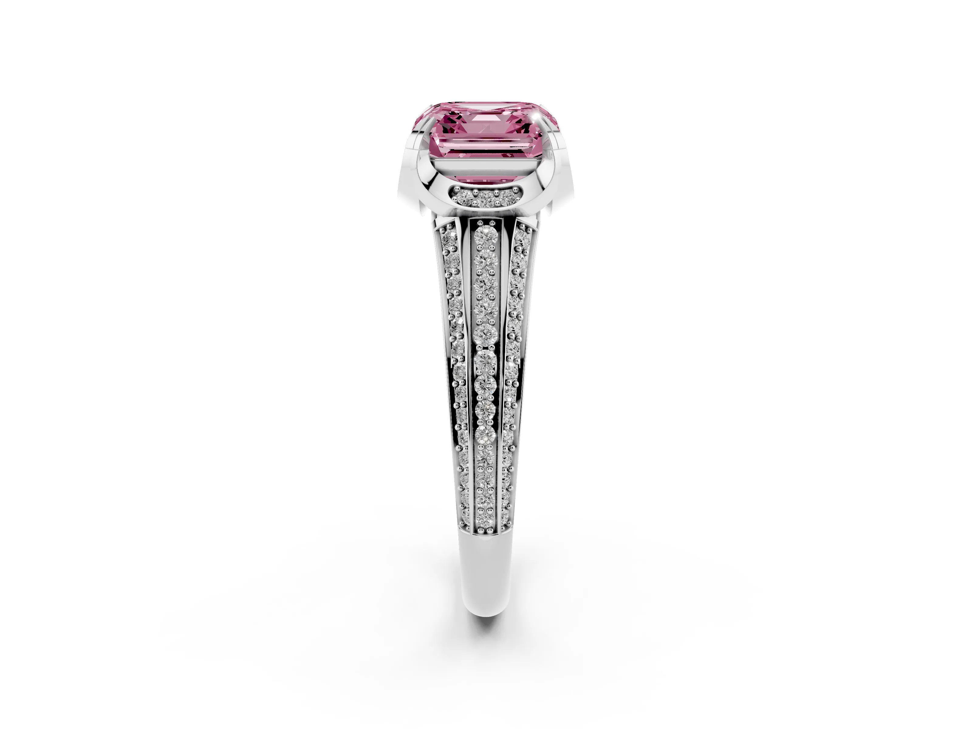Fancy Pink Asscher Cut Diamond Pavé Split Shank Solitaire Ring Set in Platinum with Prong Setting