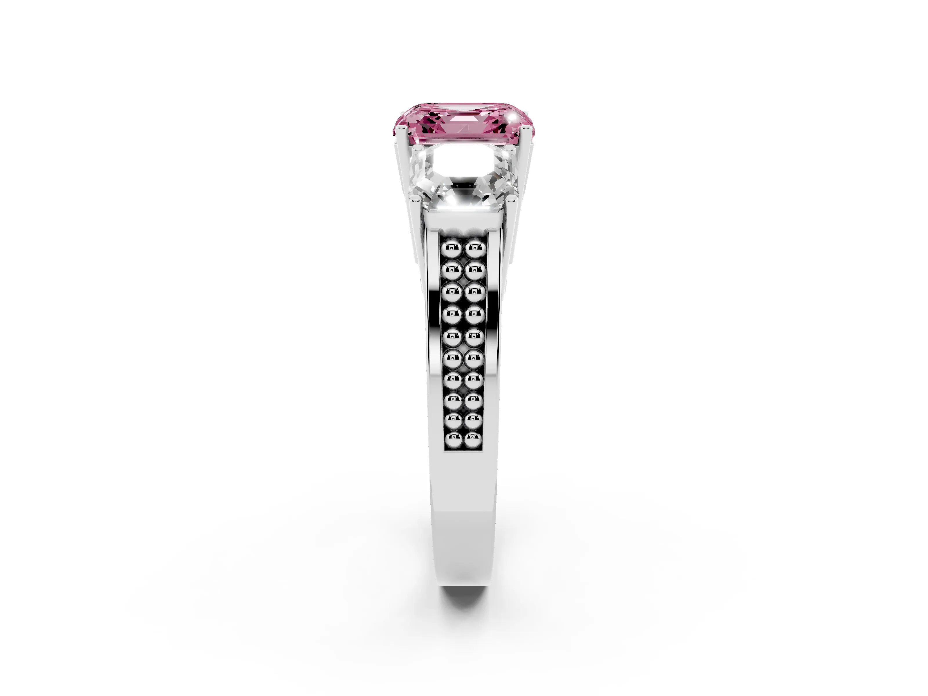 Fancy Pink Asscher Cut Diamond Three-Stone Ring Set in White gold with Textured Band