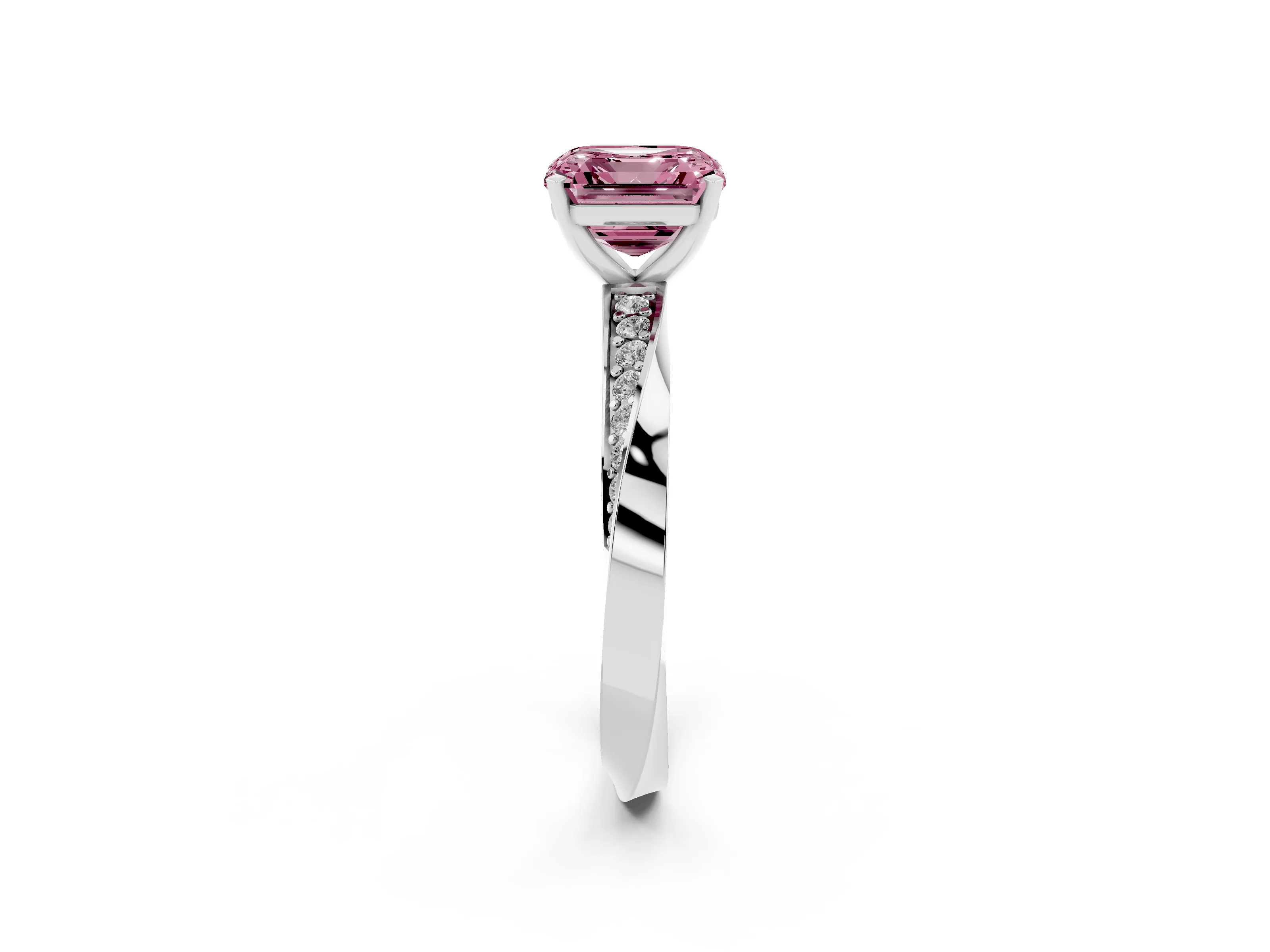 Fancy Pink Asscher Cut Diamond Engagement Ring Set in White gold with Side Stone Accents and Prong Setting