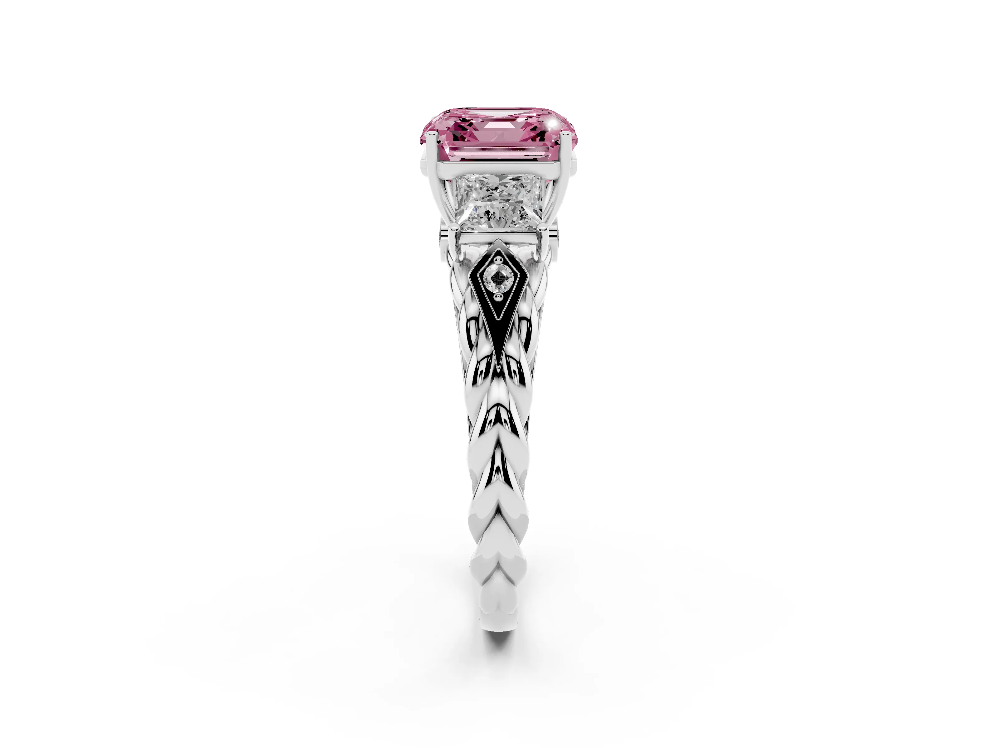 Fancy Pink Asscher Cut Diamond Three-Stone Ring Set in White gold with Braided Band