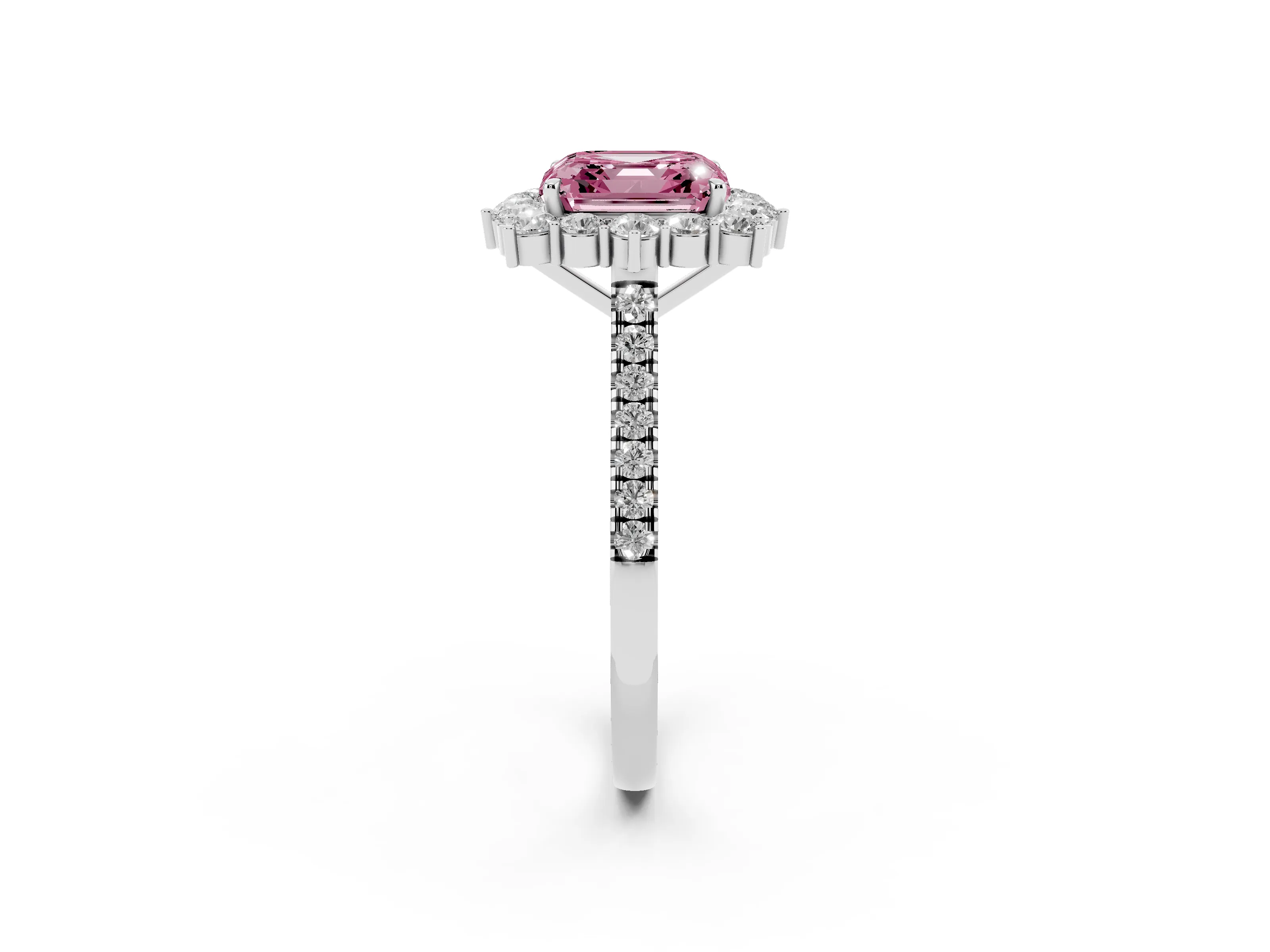 Fancy Pink Asscher Cut Diamond Halo Ring Set in Silver with Pavé Band and Prong Setting
