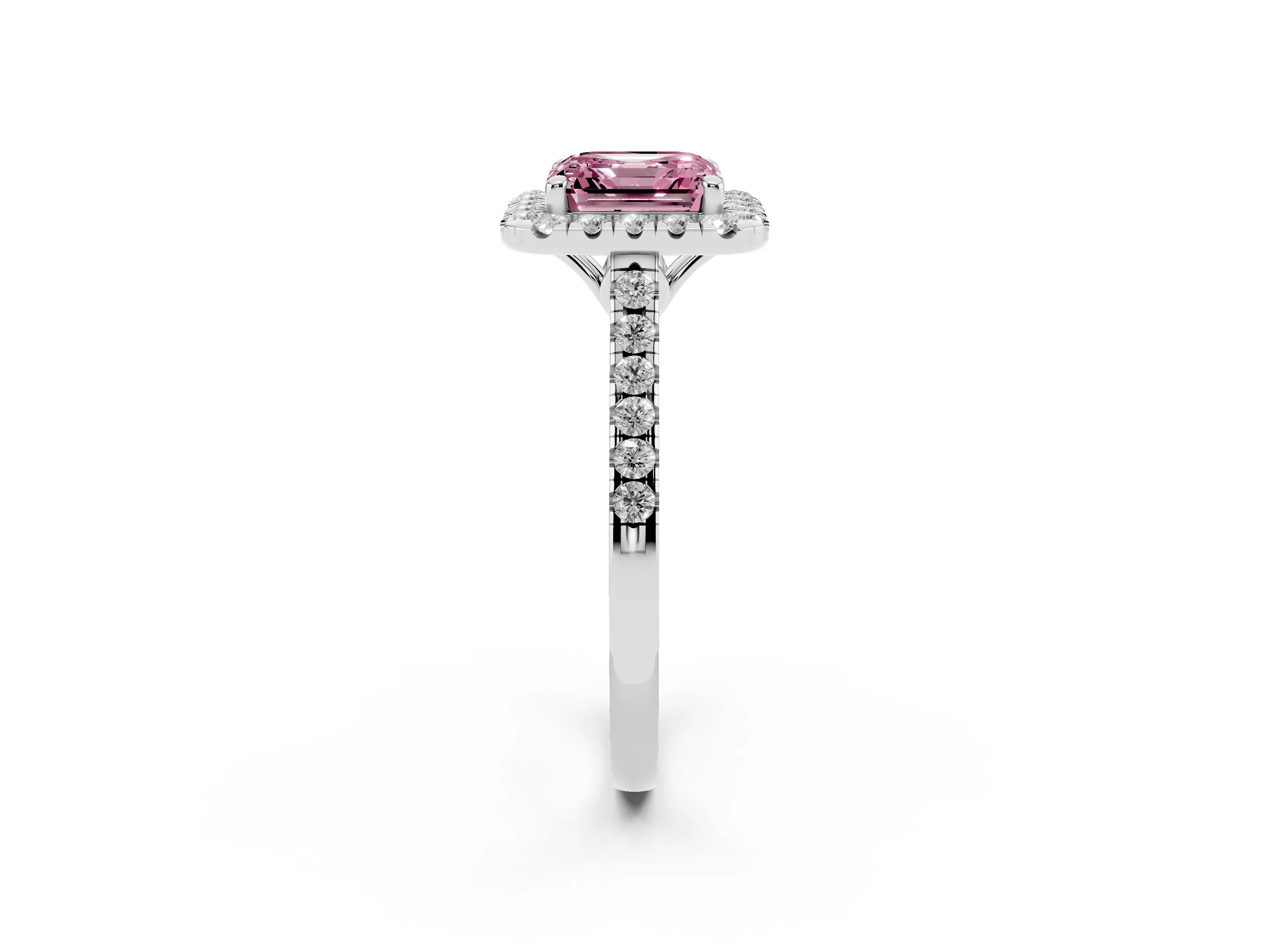 Fancy Pink Asscher Cut Diamond Pavé Halo Engagement Ring Set in White gold with Pavé Band and Prong Setting