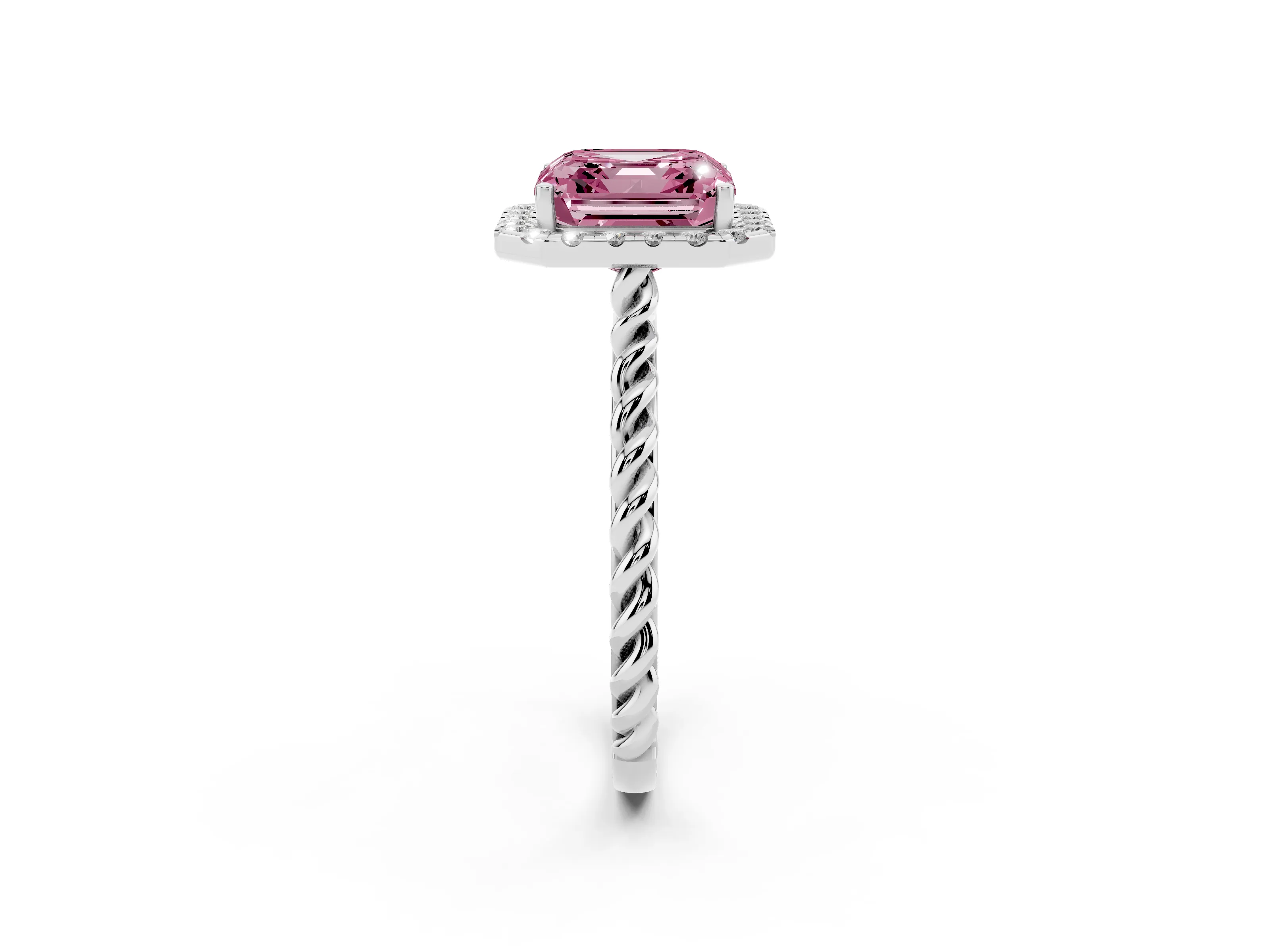 Fancy Pink Asscher Cut Diamond Halo Ring Set in Platinum with Plain Twisted Band