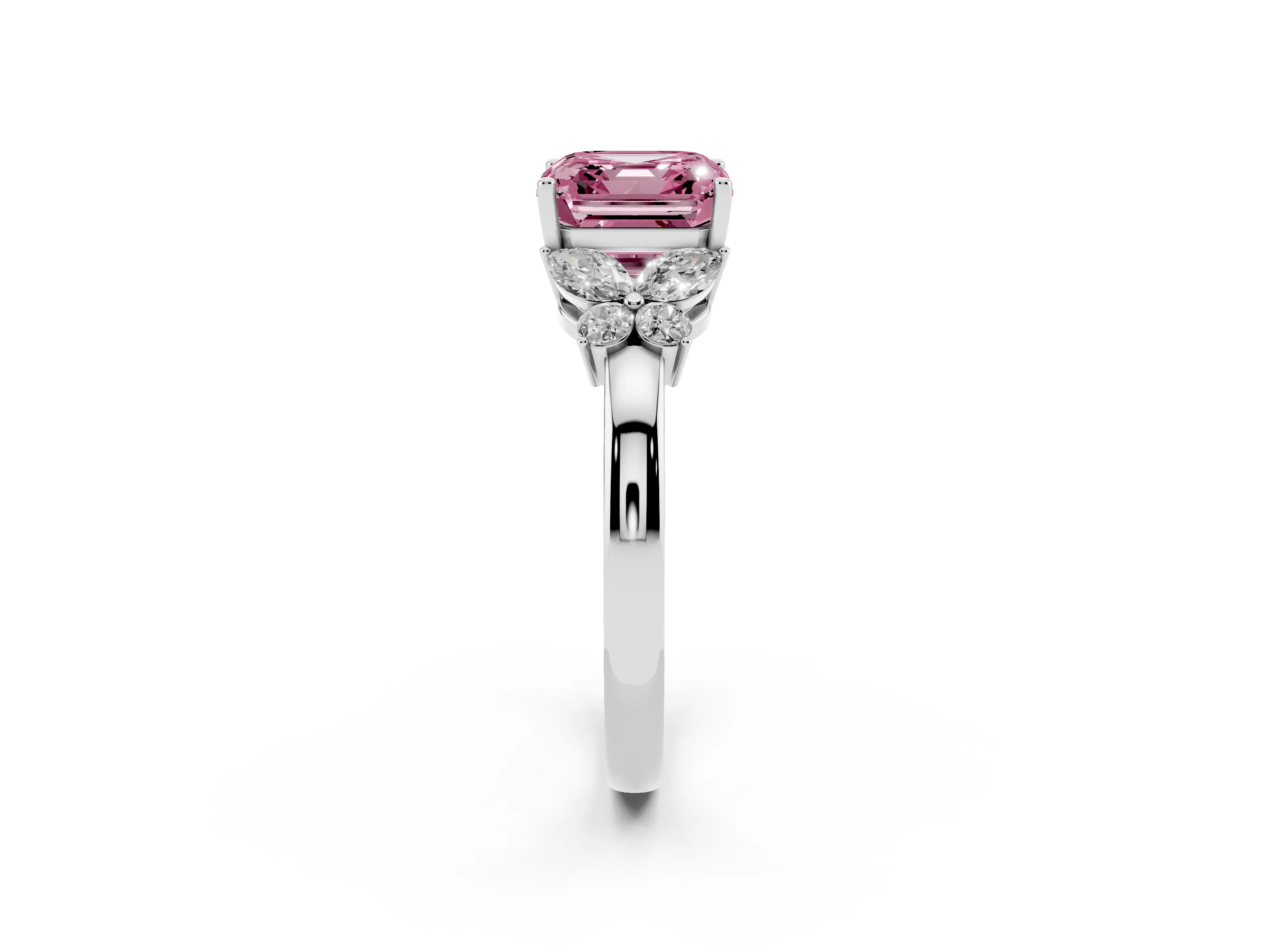 Fancy Pink Asscher Cut Diamond Solitaire Floral Ring Set in White gold with Marquise Petals and Prong Setting