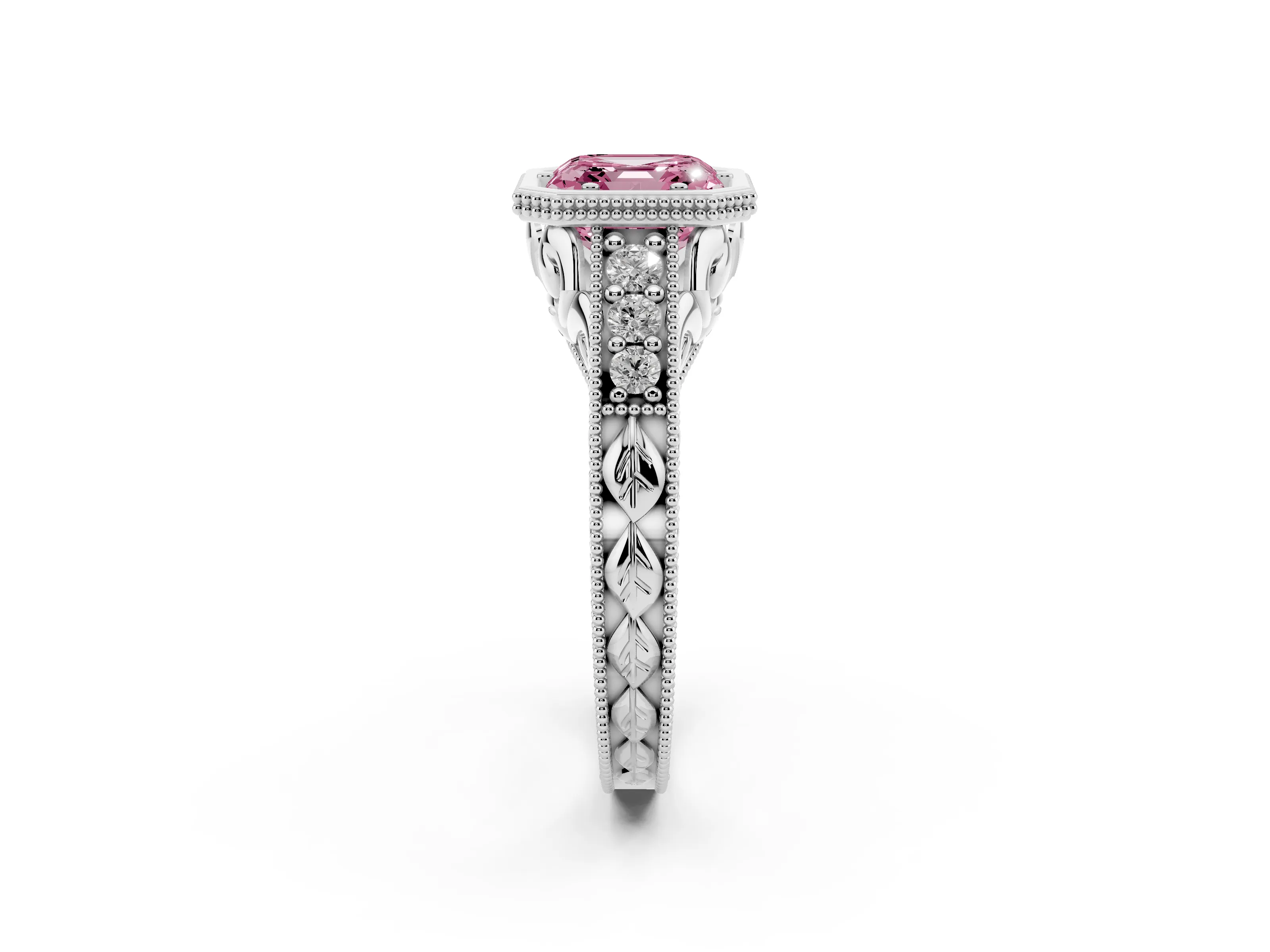Fancy Pink Bezel Set Asscher Cut Diamond Milgrain Pavé Engagement Ring Set in Silver