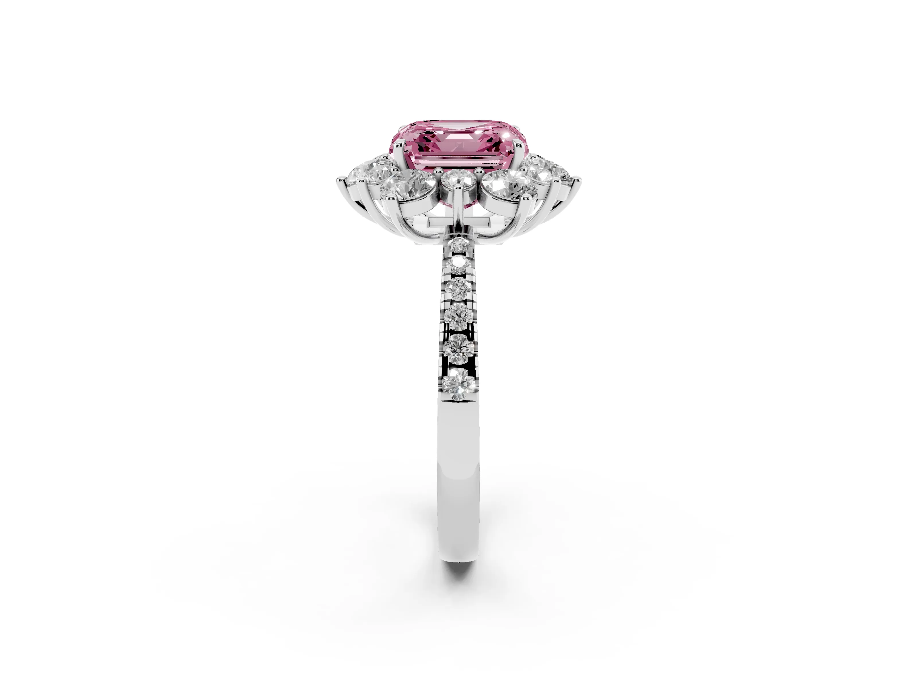Fancy Pink Asscher Cut Diamond Floral Halo Ring Set in White gold with Round Pavé Band and Prong Setting