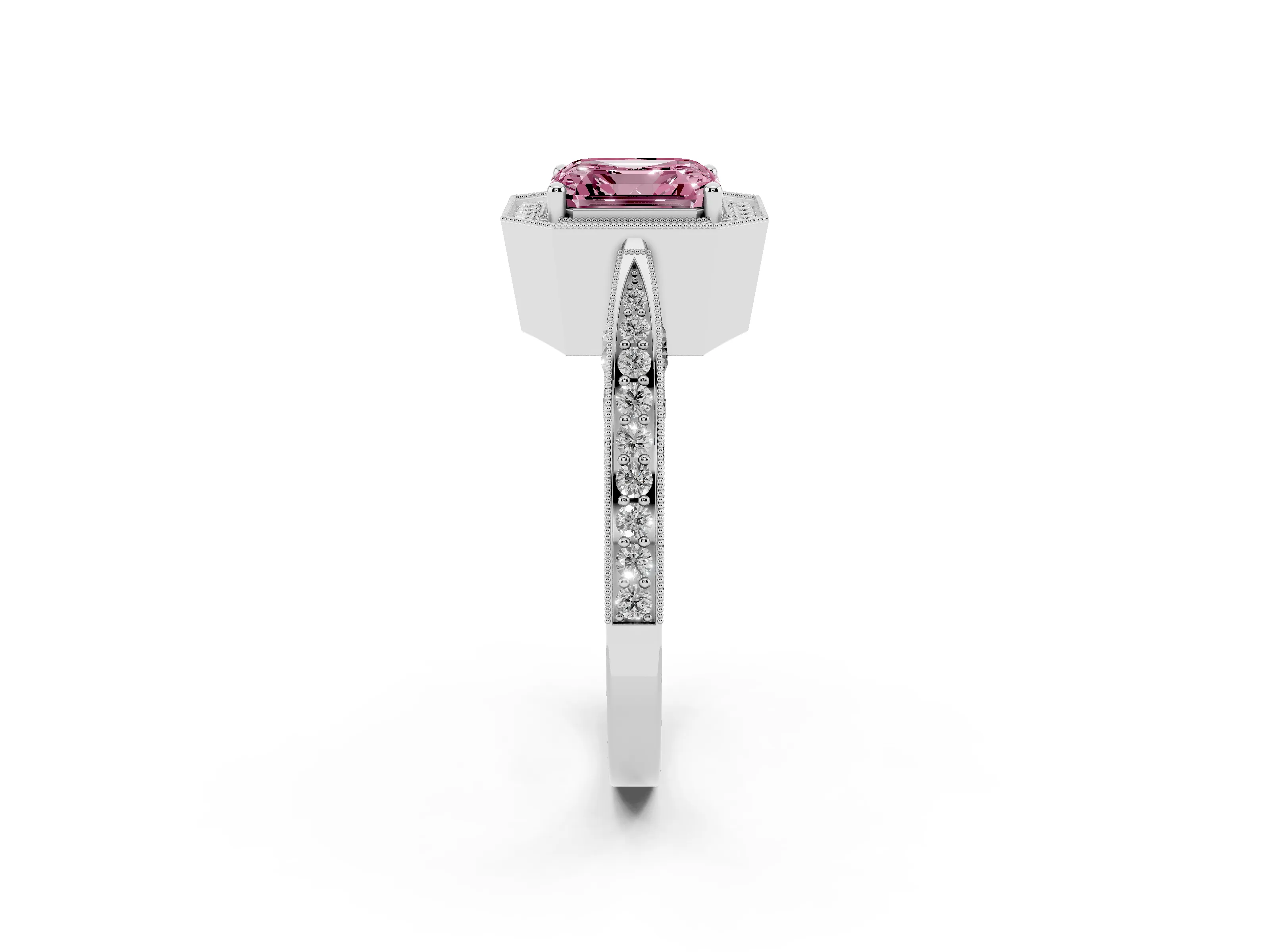 Fancy Pink Asscher Cut Diamond Halo Engagement Ring Set in Silver with Accent Split Shank Band