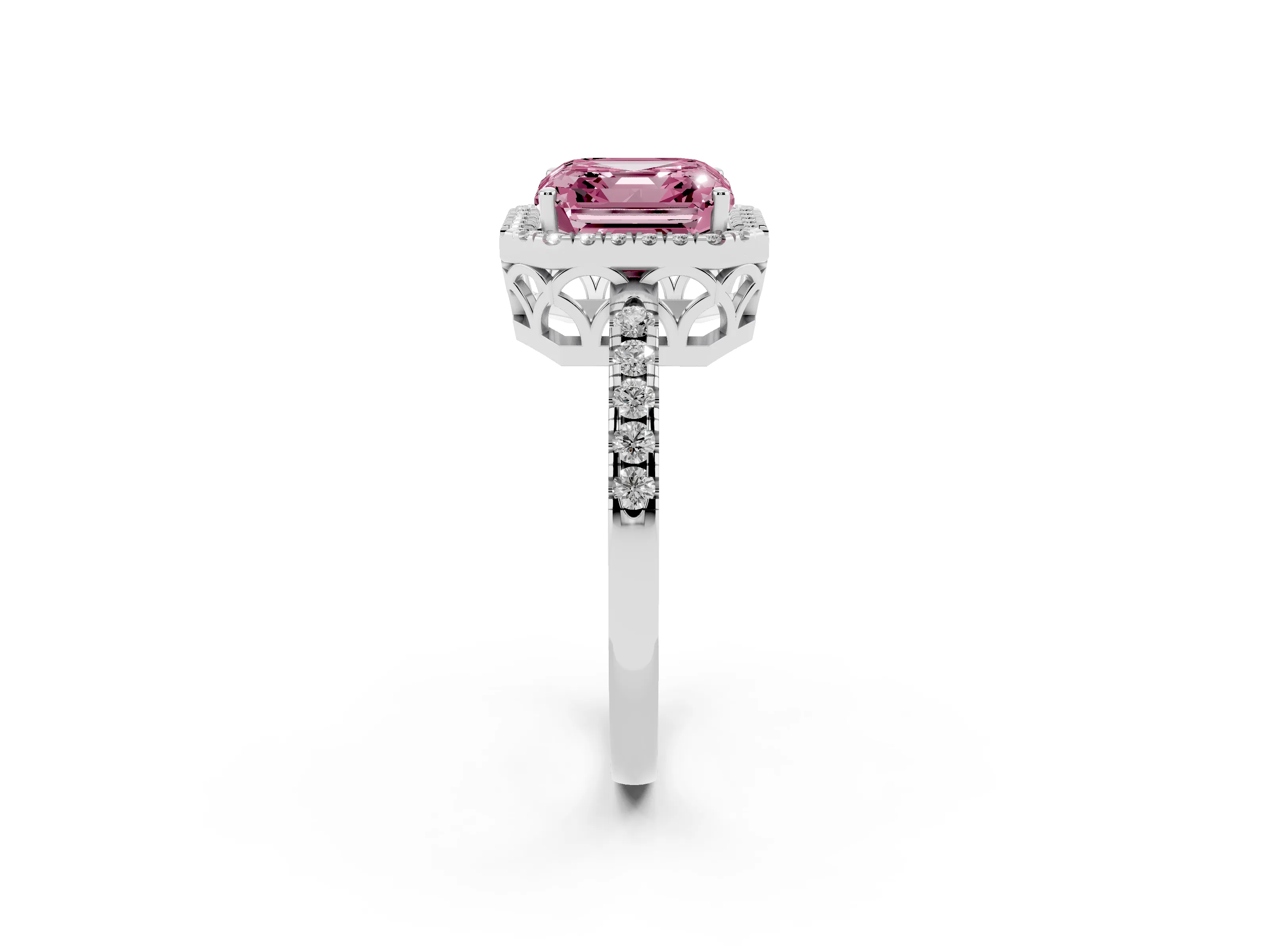 Fancy Pink Asscher Cut Diamond Pavé Band Halo Engagement Ring Set in White gold with Prong Setting