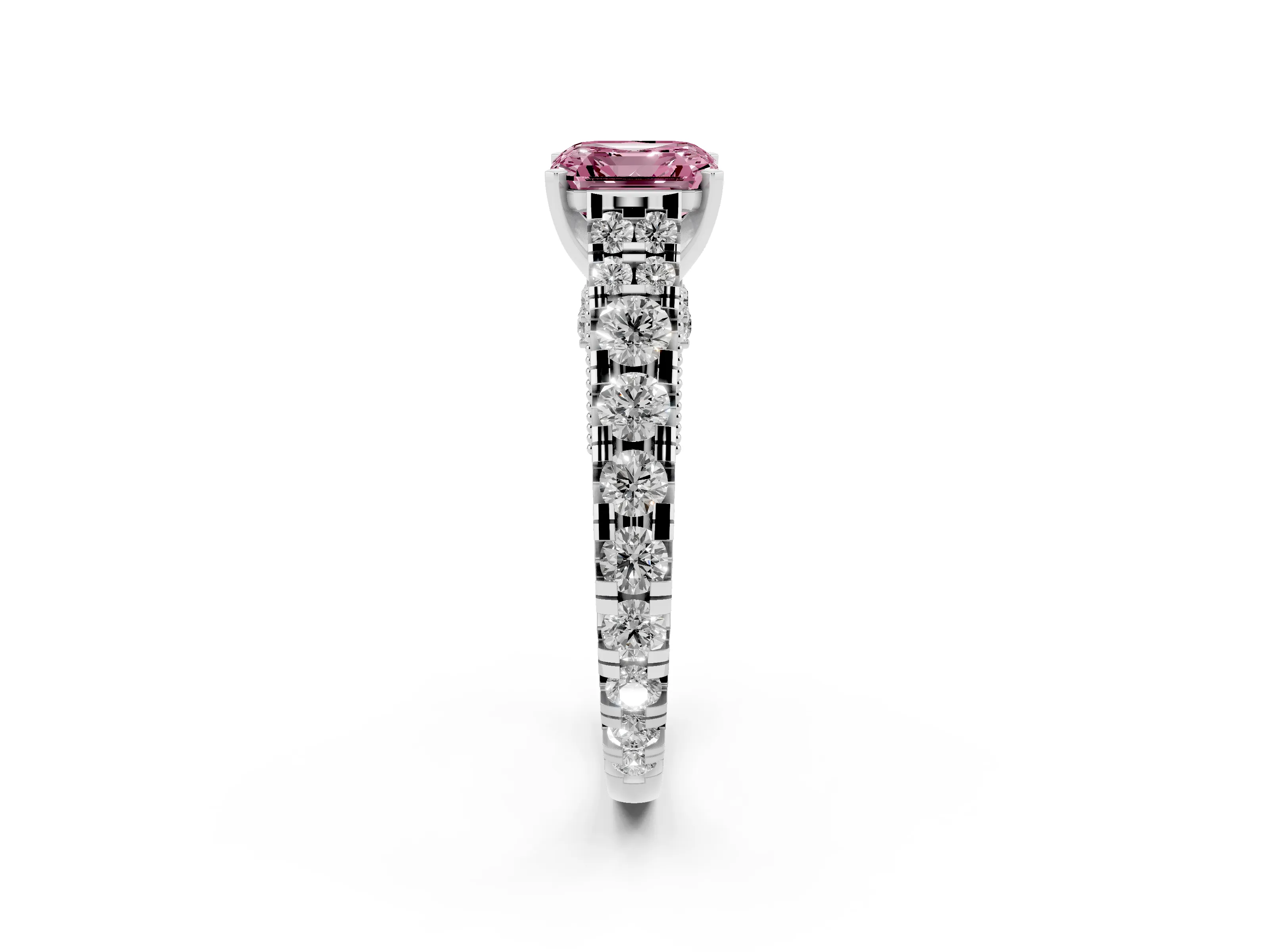 Fancy Pink Asscher Cut Diamond Classic Solitaire Ring Set in Platinum with Pavé Band and Prong Setting