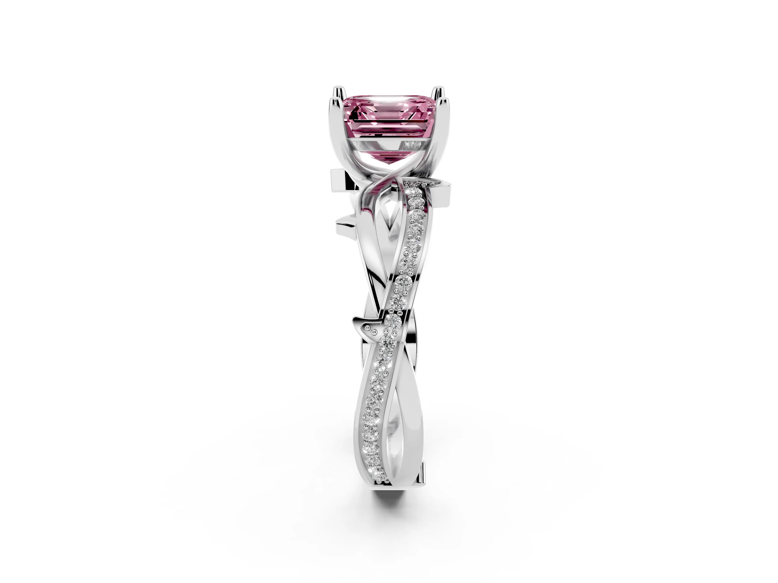 Fancy Pink Asscher Cut Diamond Pavé Twist Band Solitaire Ring Set in Platinum with Prong Setting