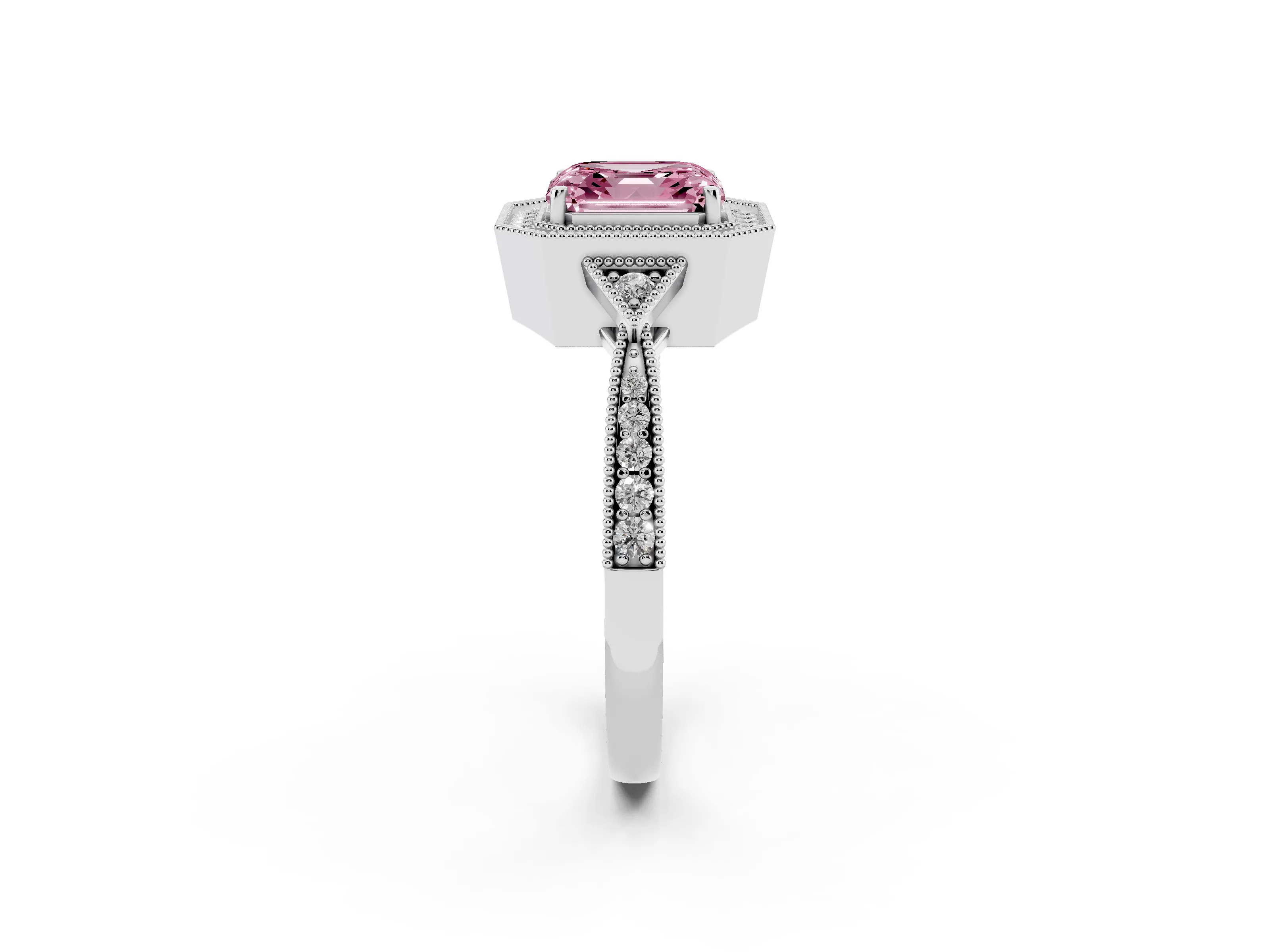 Fancy Pink Asscher Cut Diamond Halo Engagement Ring Set in White gold with Milgrain Pavé Band