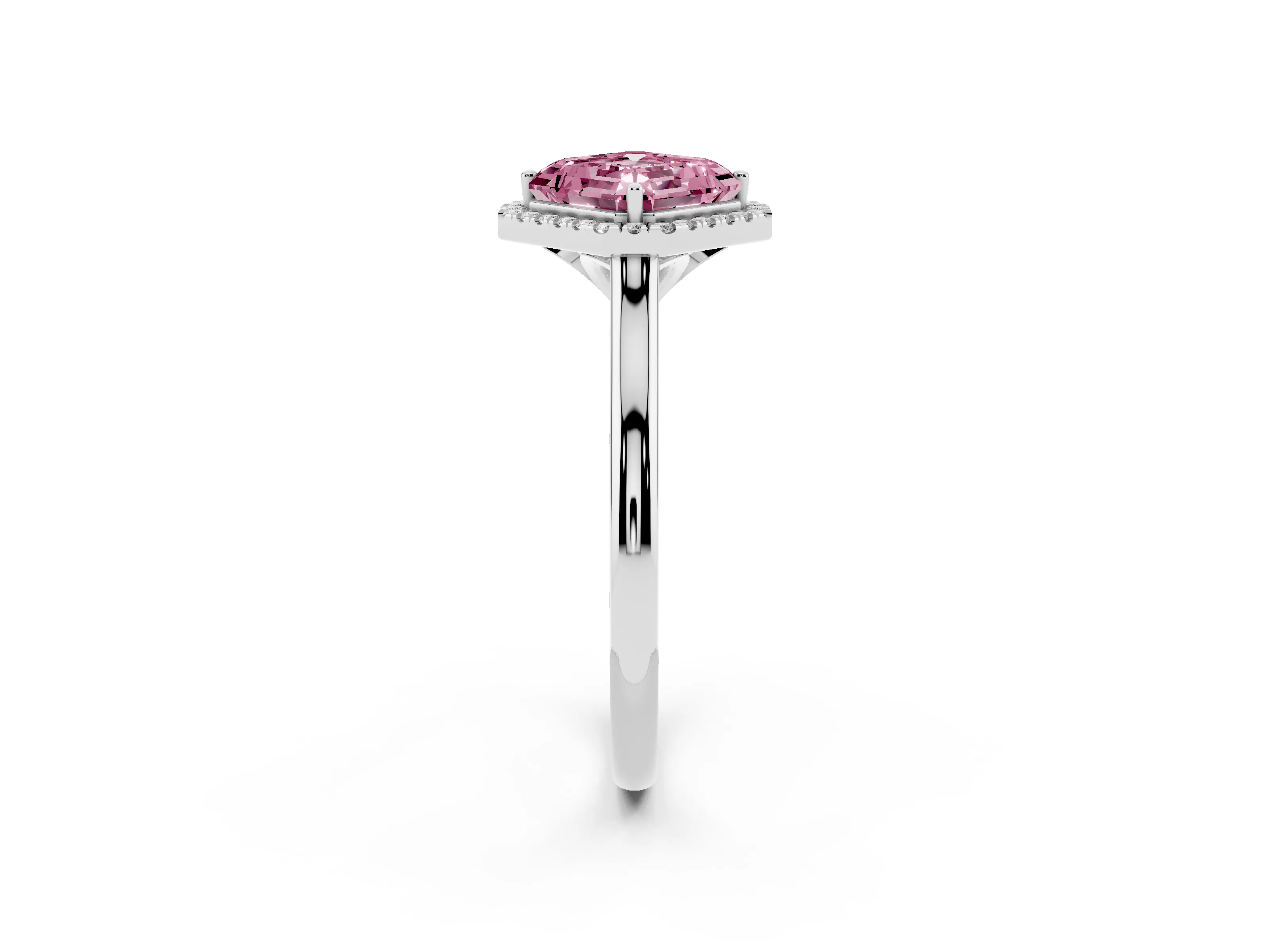 Fancy Pink Asscher Cut Diamond Halo Engagement Ring Set in White gold with Pavé Band and Rising Shoulders