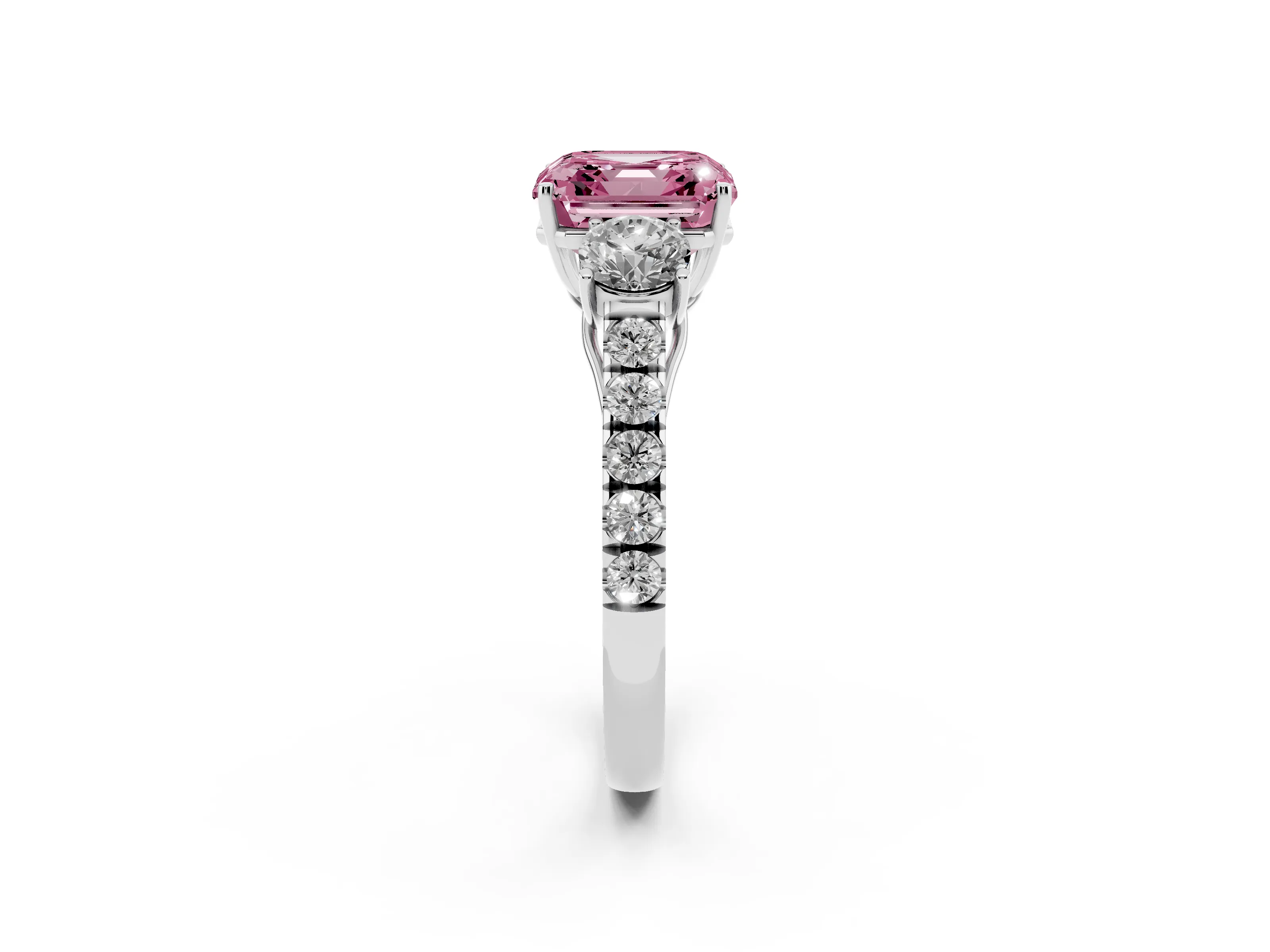 Fancy Pink Asscher Cut Diamond Three-Stone Ring Set in Platinum with Round Side Stones and Delicate Pavé Band