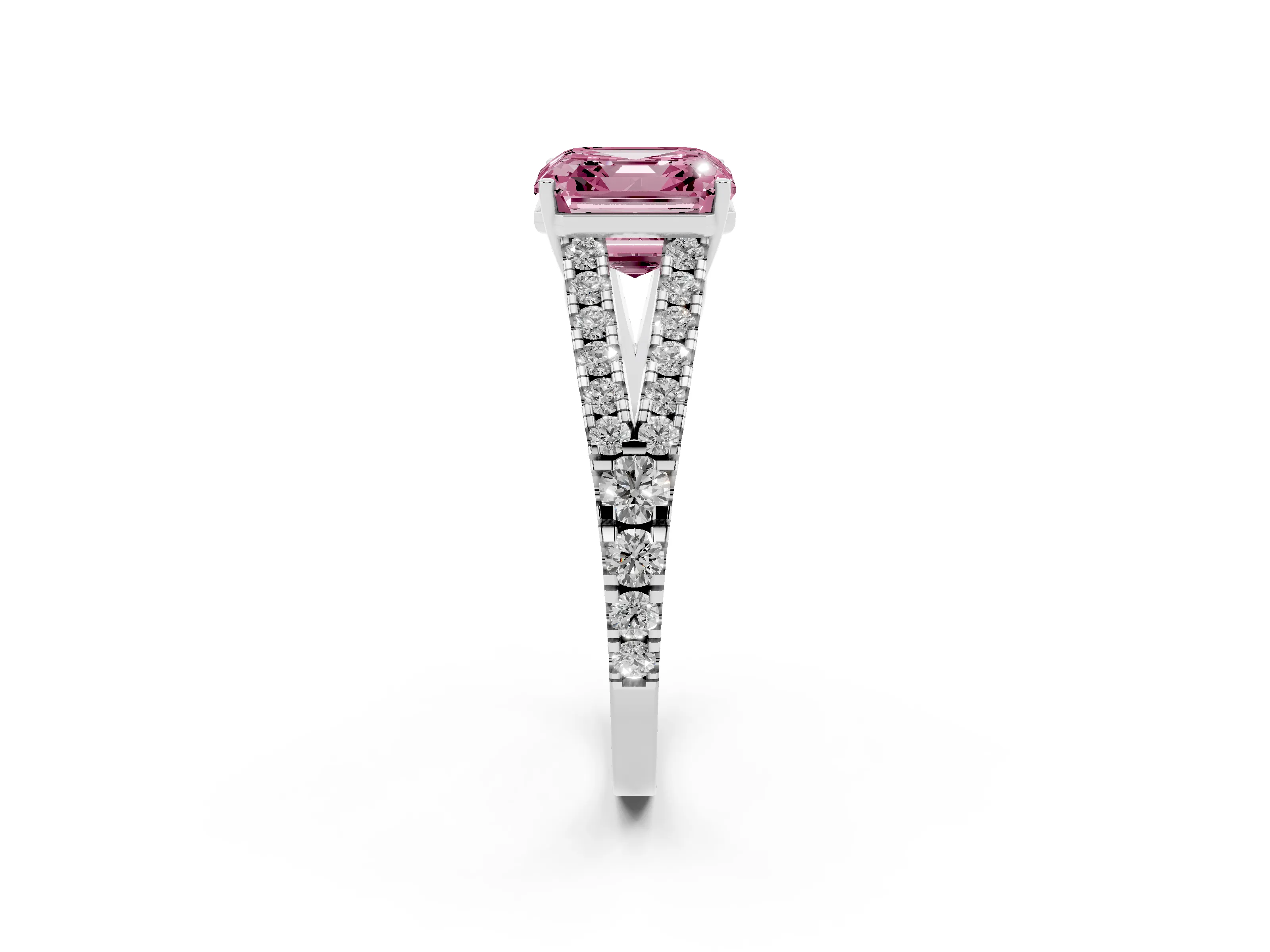 Fancy Pink Asscher Cut Diamond Split Shank Engagement Ring Set in Silver with Round Pavé and Prong Setting