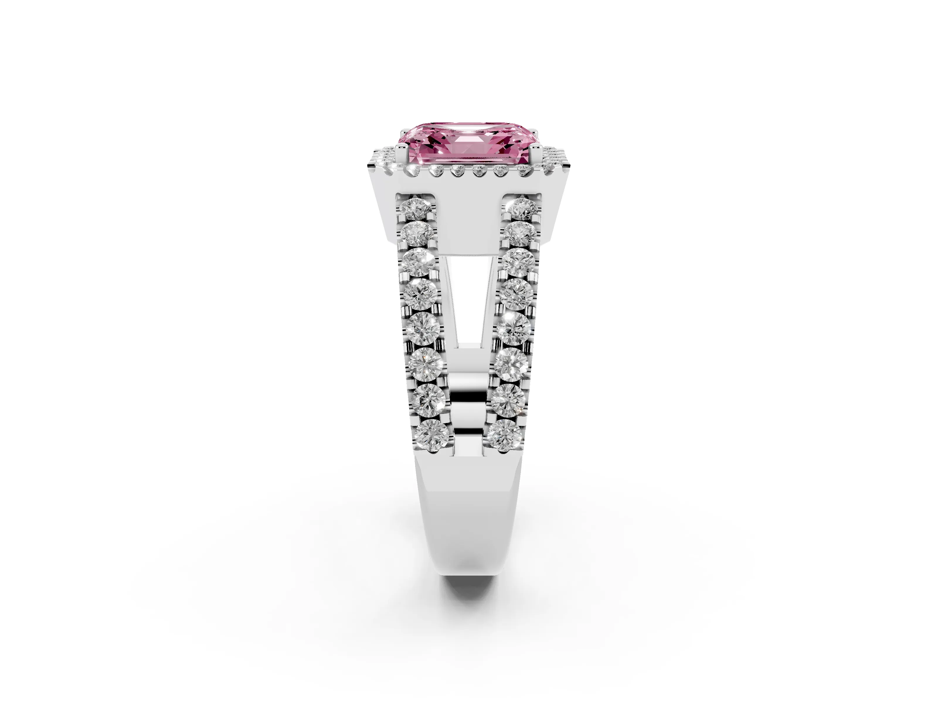 Fancy Pink Asscher Cut Diamond Halo Ring Set in Silver with Pavé Split Shank and Prong Setting
