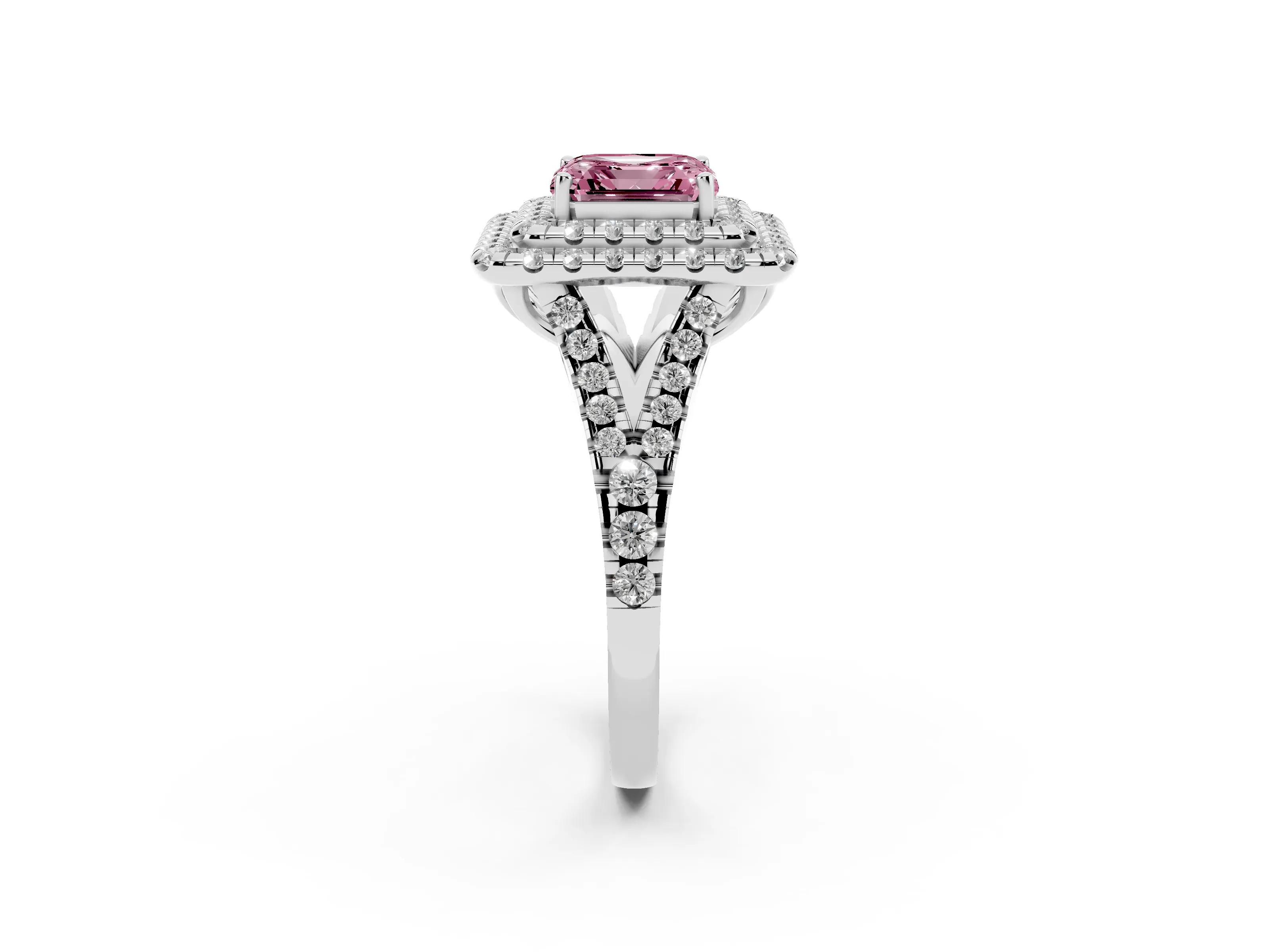 Fancy Pink Asscher Cut Diamond Double Halo Ring Set in Silver with Pavé Split Shank and Prong Setting