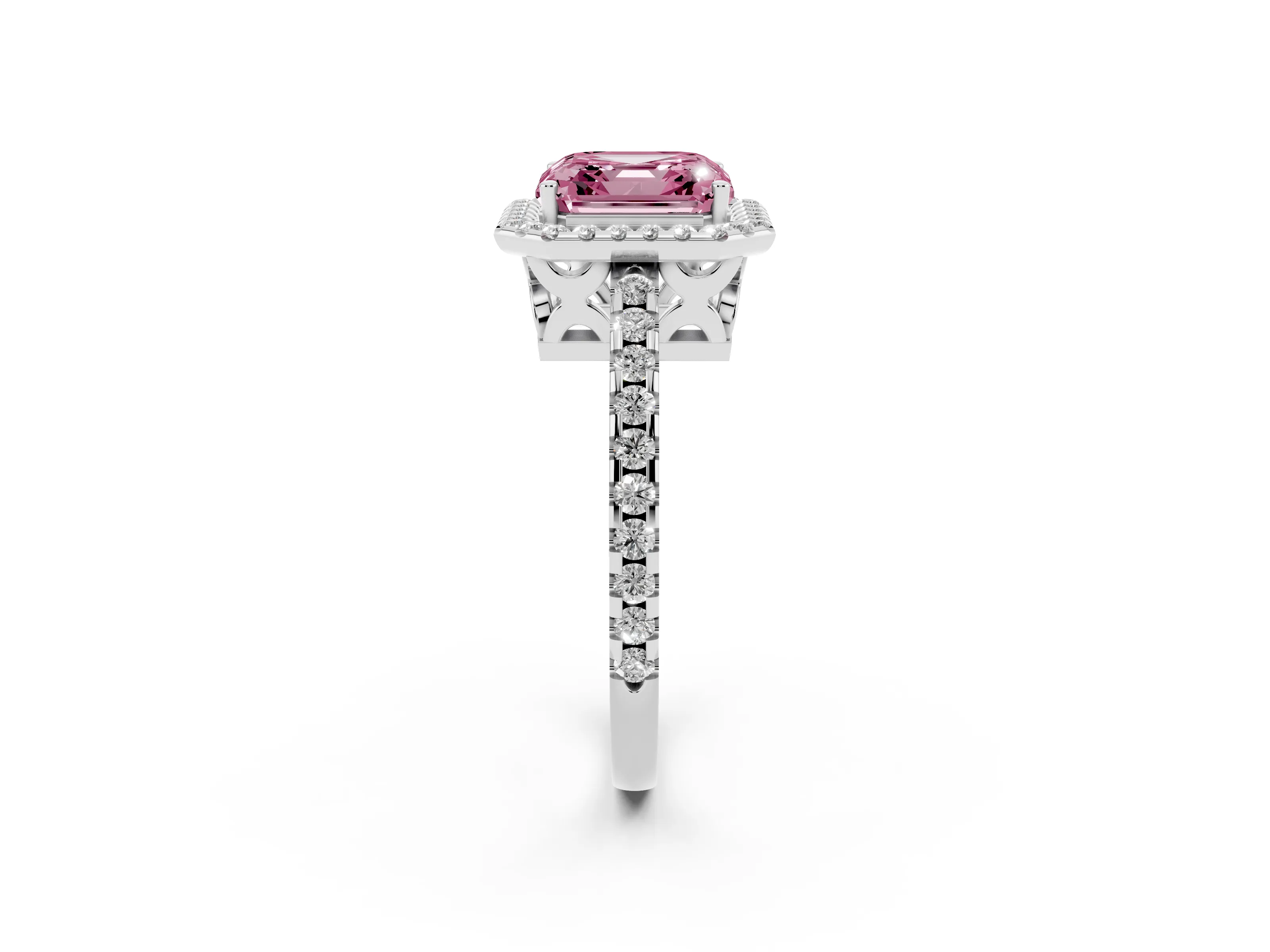 Fancy Pink Asscher Cut Diamond Halo Ring Set in Platinum with Pavé Shoulders and Halo-Framed Center