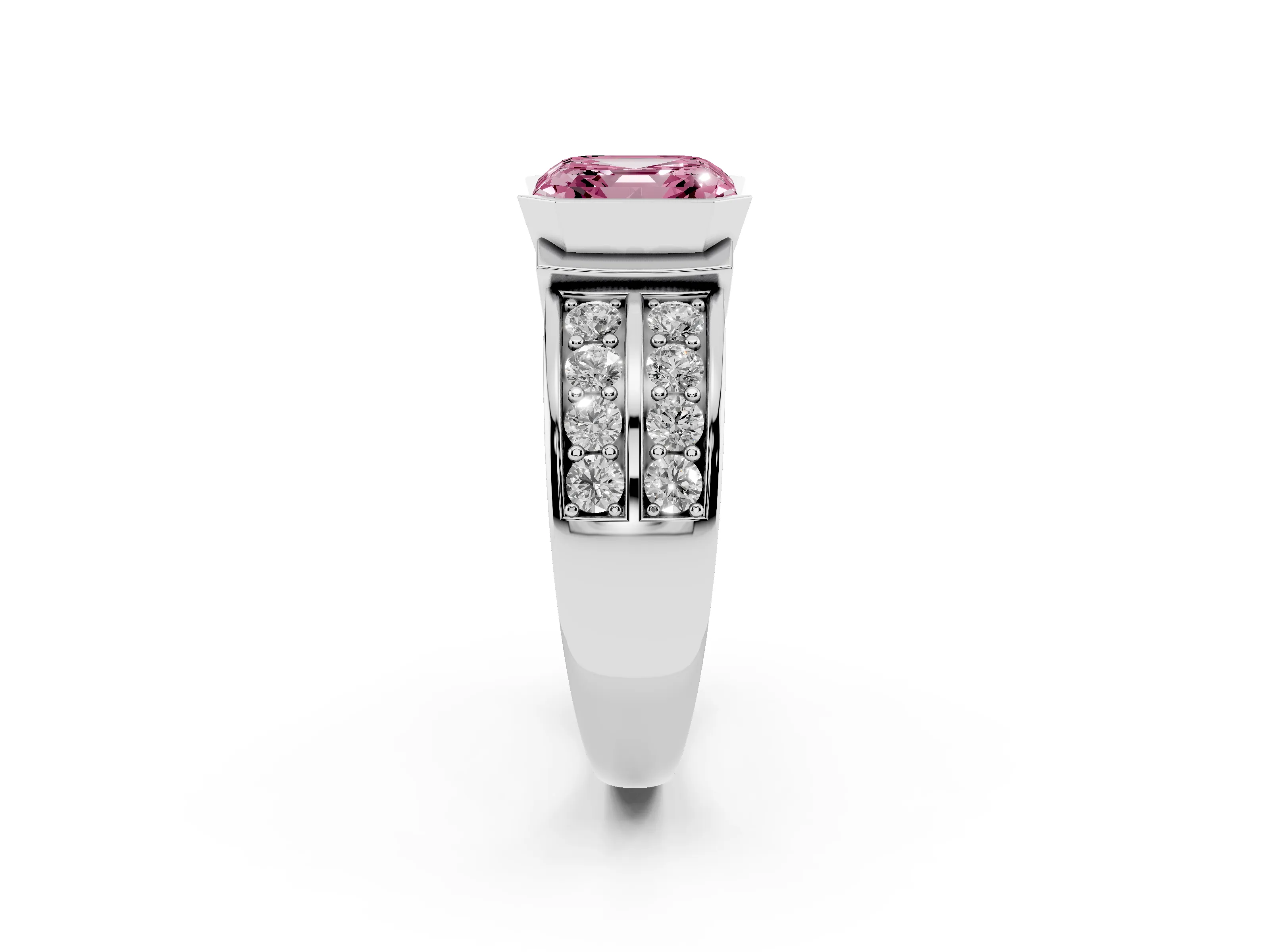 Fancy Pink Asscher Cut Diamond Wide Channel Set Band Ring Set in Platinum with Bezel Setting