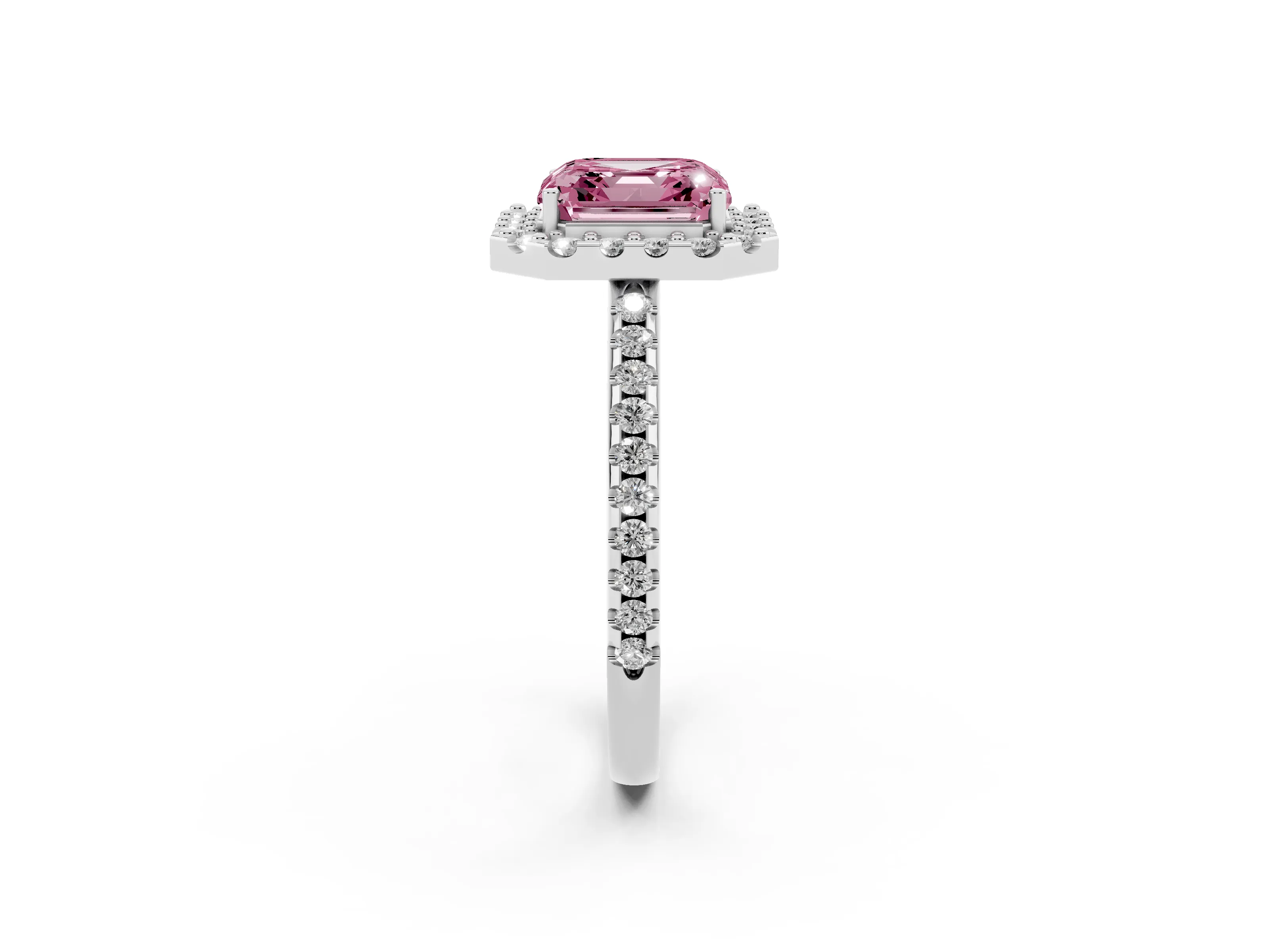 Fancy Pink Asscher Cut Diamond Pavé Halo Ring Set in Platinum with Prong Setting