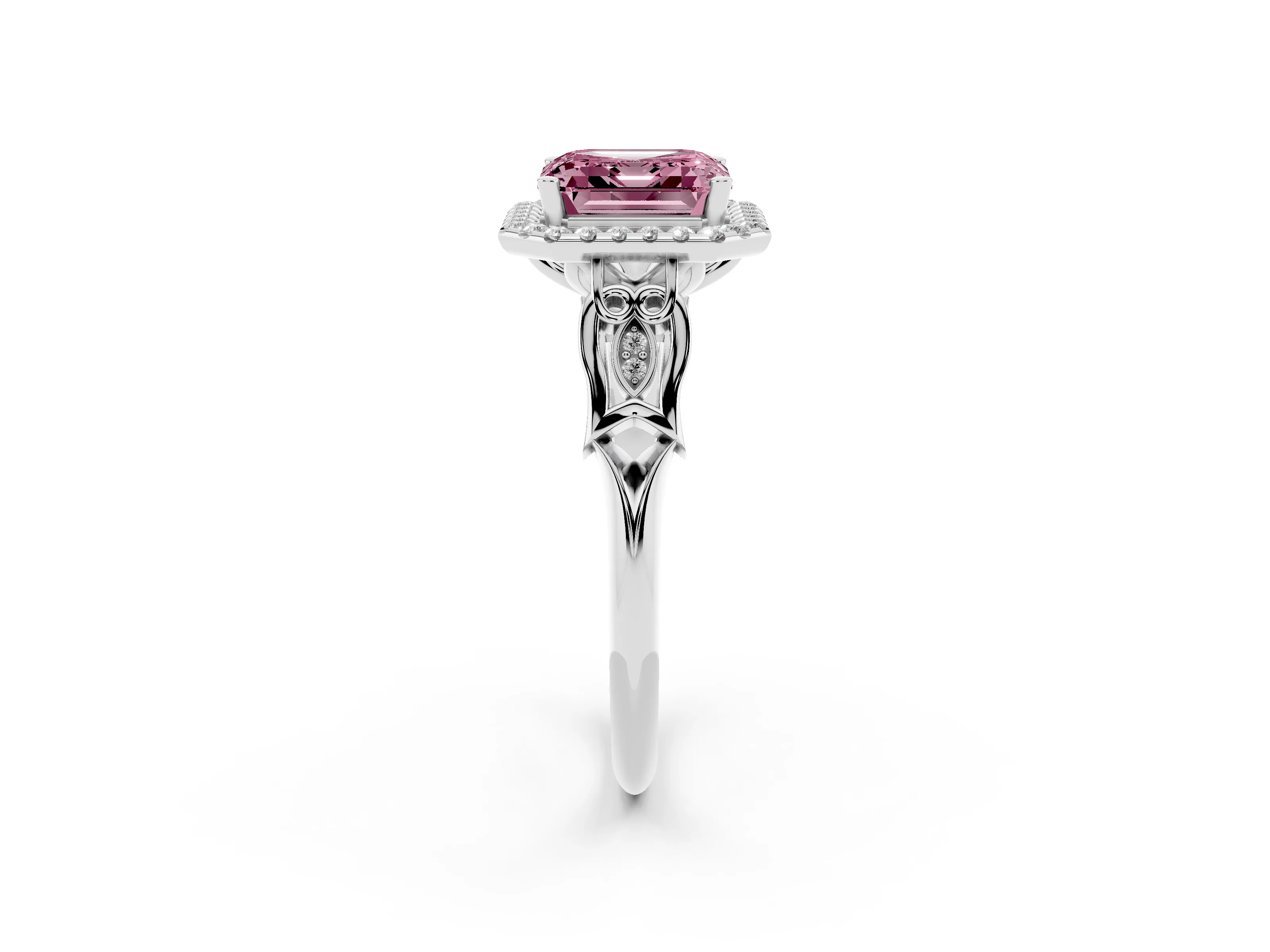 Fancy Pink Asscher Cut Diamond Halo Engagement Ring Set in Silver with Filigree Band and Prong-Set Center