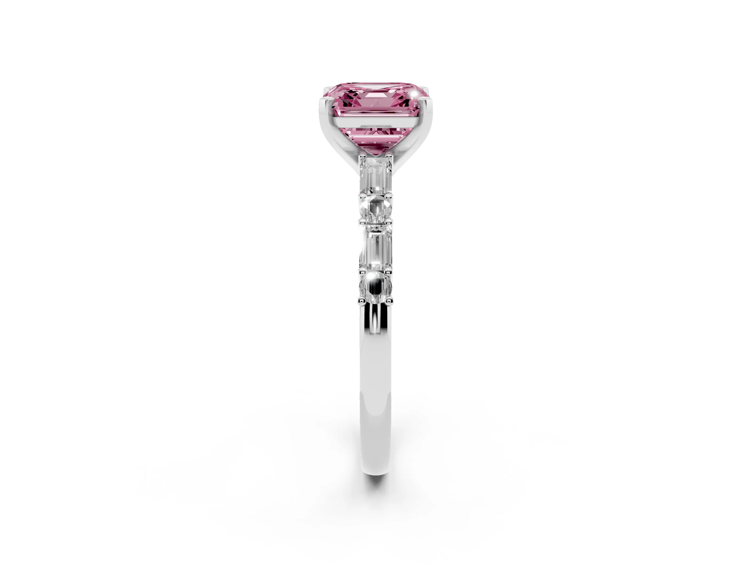 Fancy Pink Asscher Cut Diamond Solitaire Set in Silver with Side Baguettes and Channel Set Band