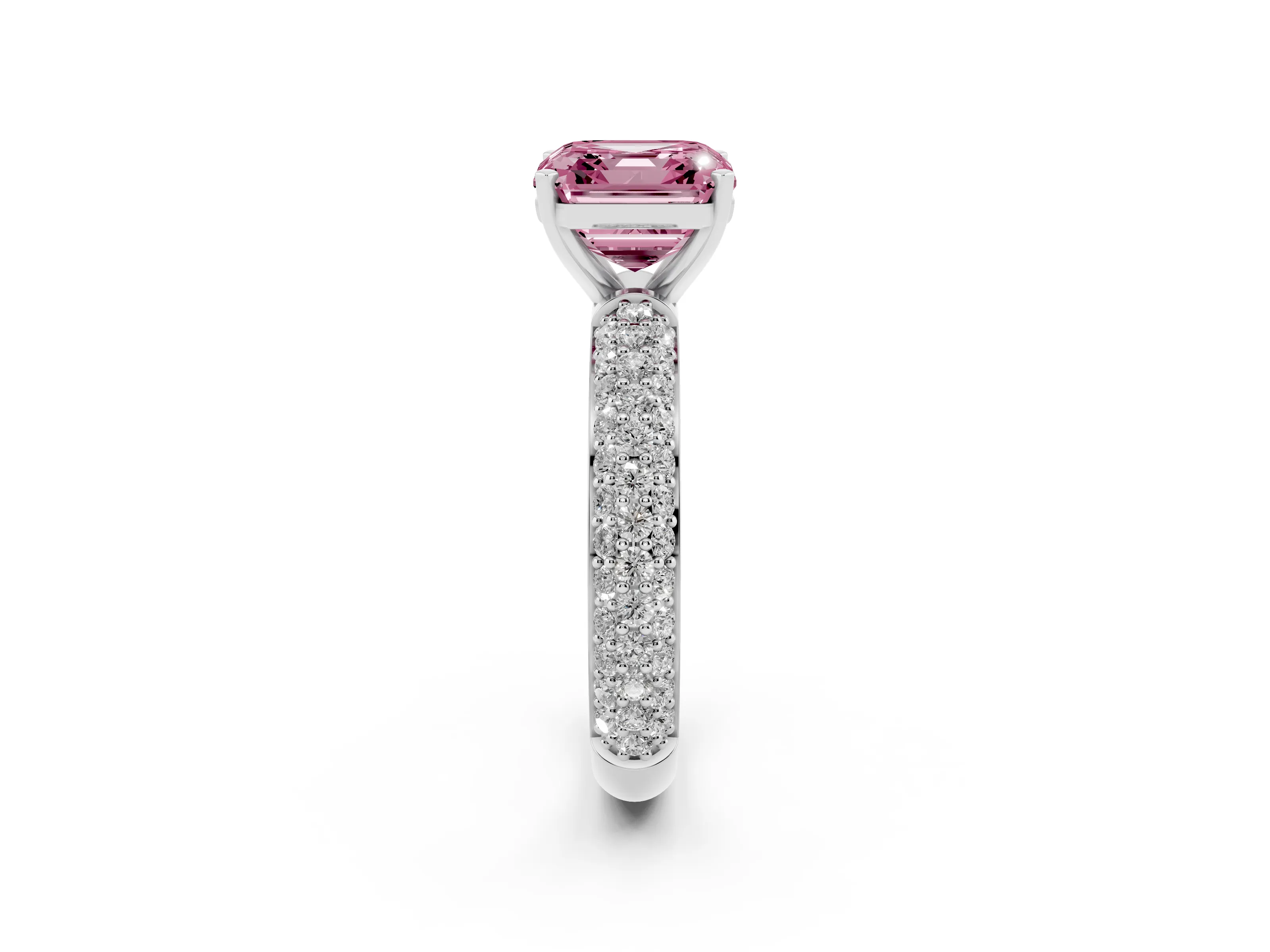 Fancy Pink Asscher Cut Diamond Solitaire Ring Set in Silver with Prong Setting and Pavé-Set Band