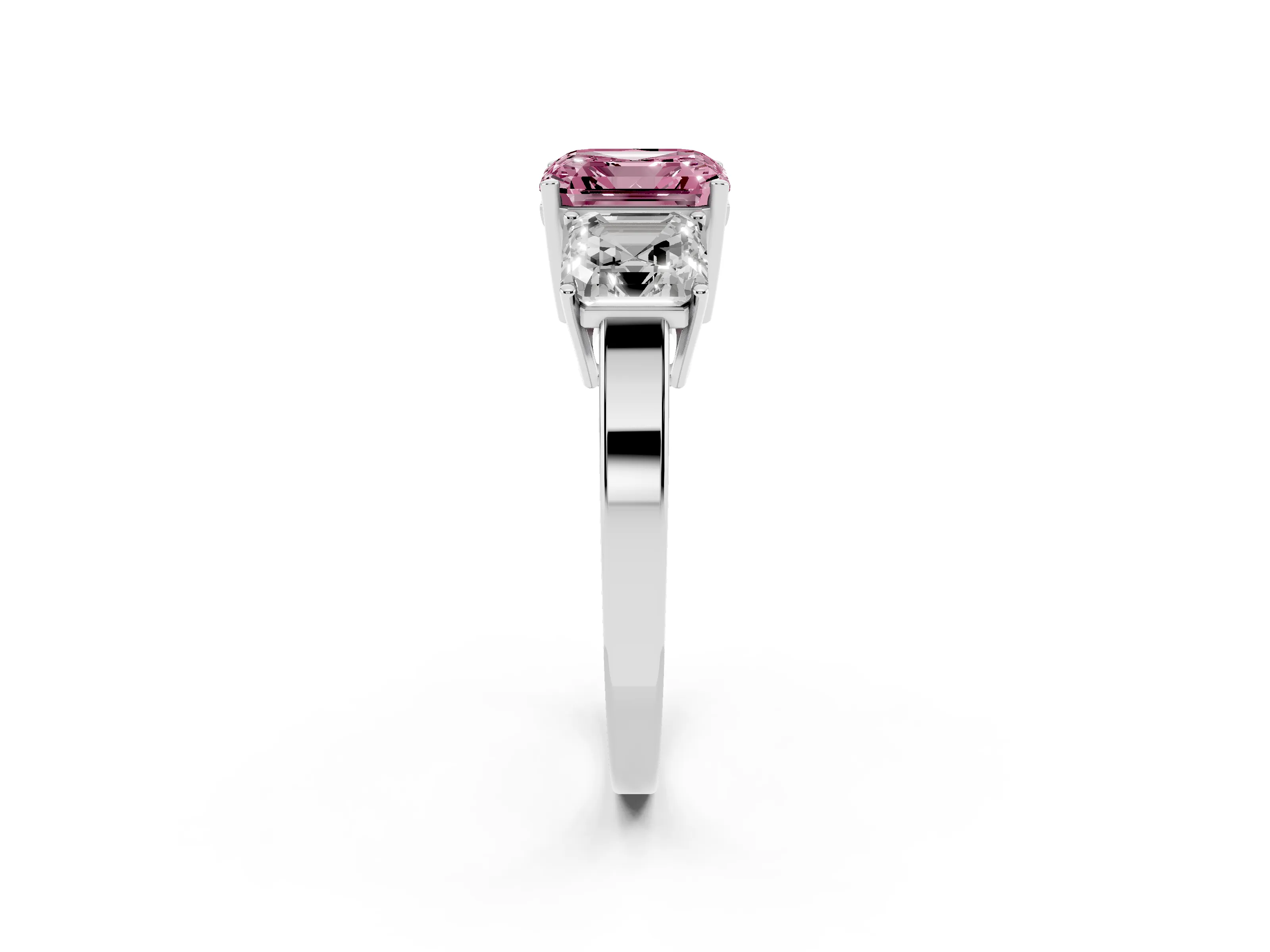 Fancy Pink Asscher Cut Diamond Three-Stone Engagement Ring Set in Platinum with Flat Band