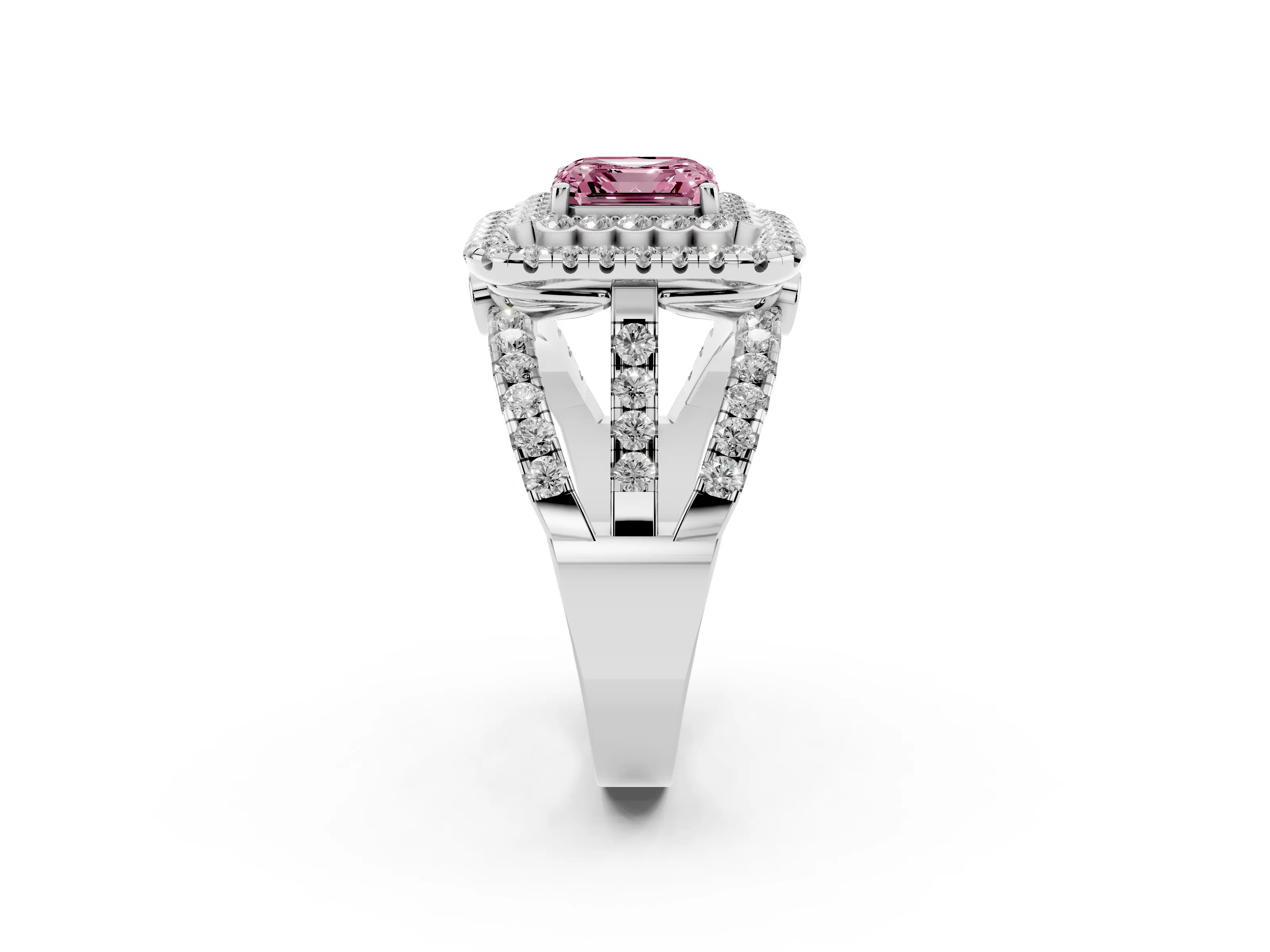 Fancy Pink Asscher Cut Diamond Double Halo Ring Set in White gold with Round Pavé Split Shank
